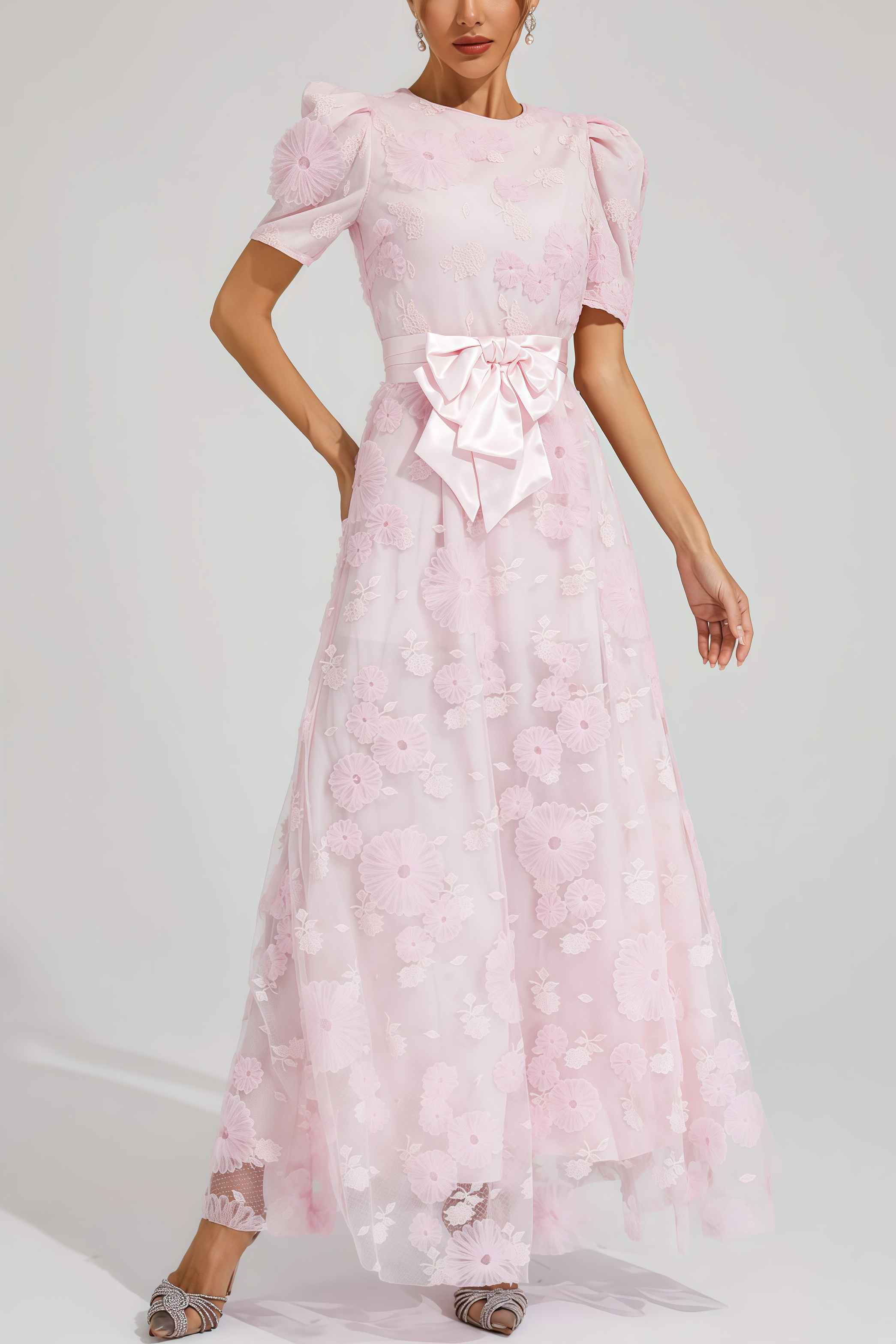 Yelen Pink Bow 3D Flower Maxi Dress
