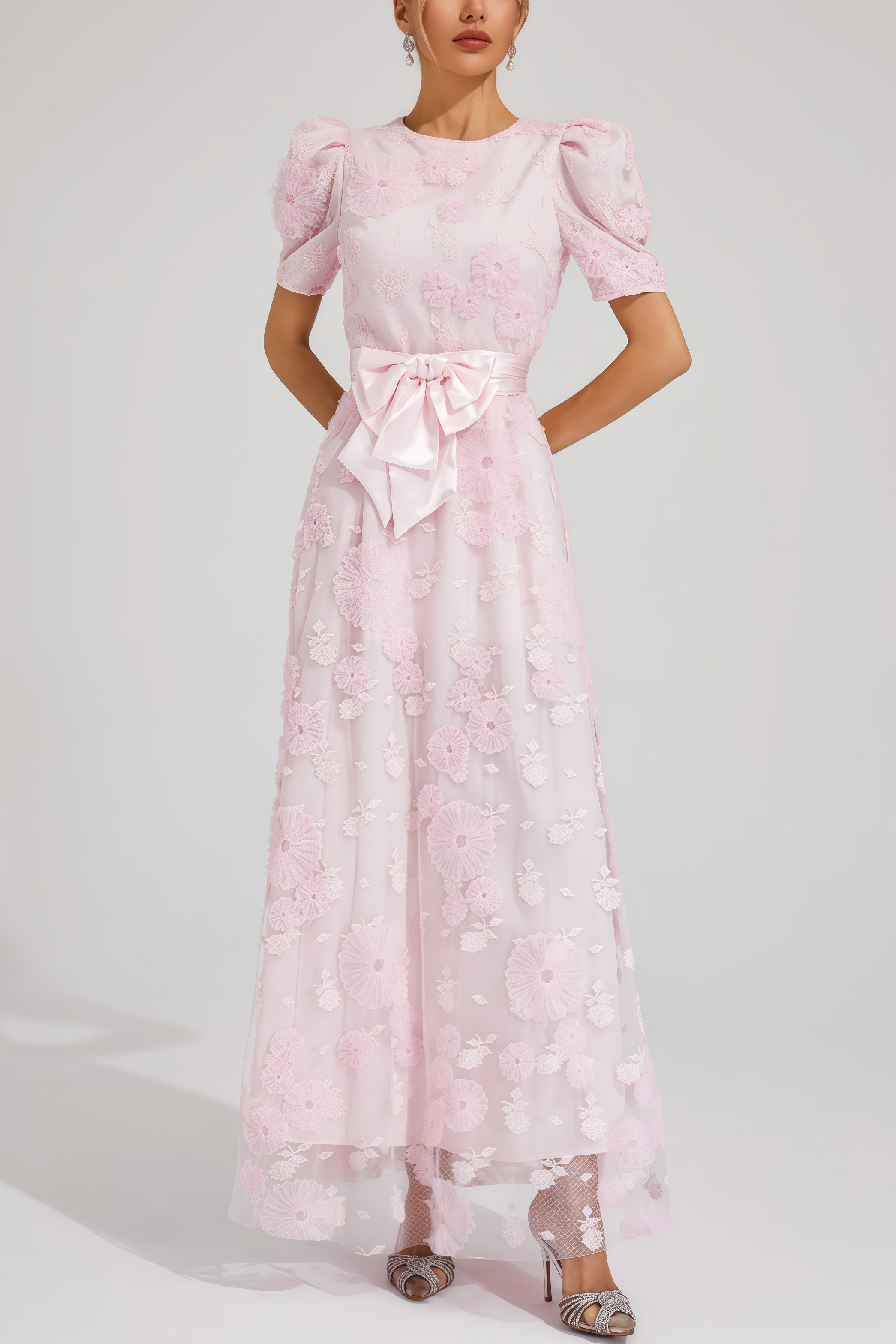 Yelen Pink Bow 3D Flower Maxi Dress