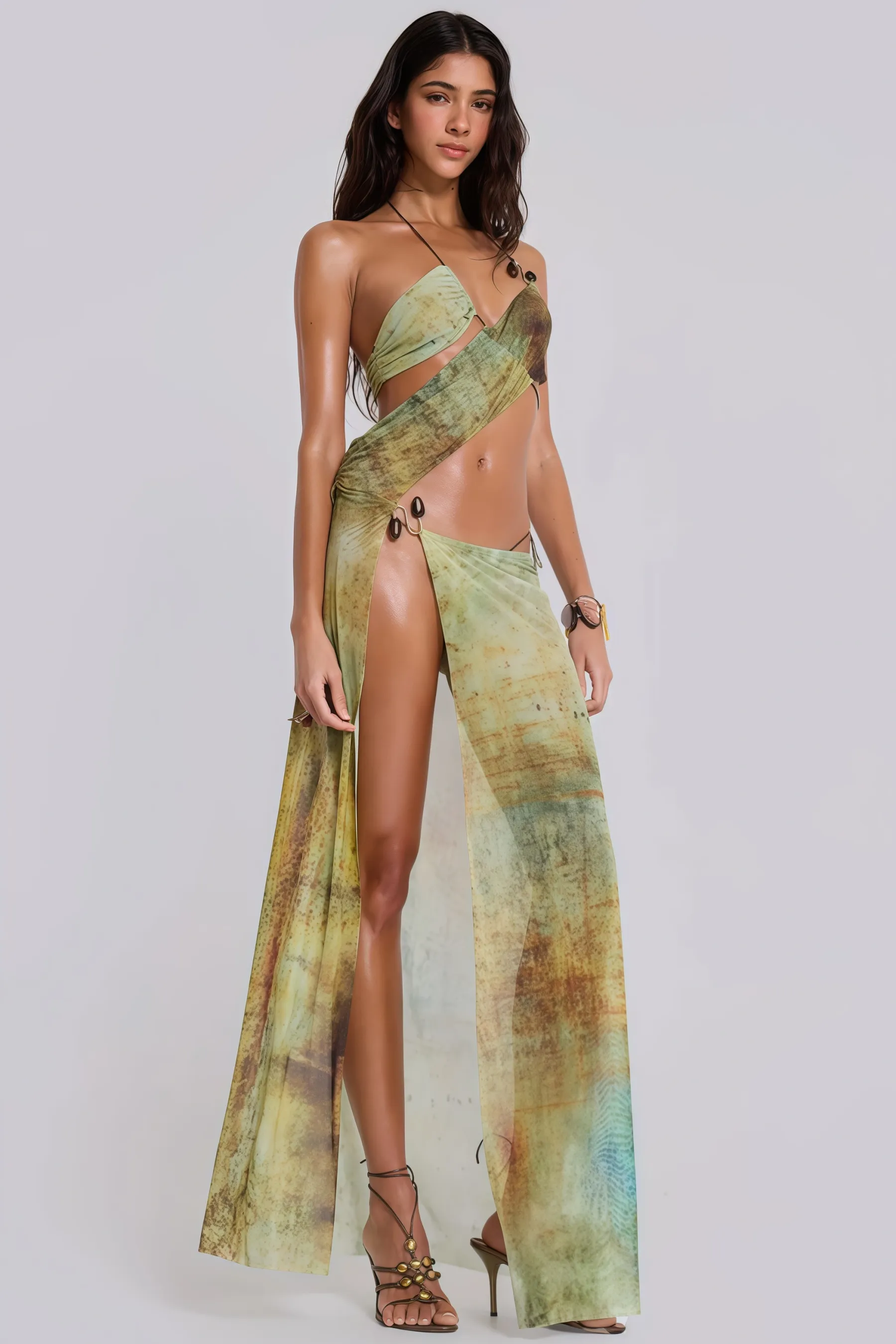 Maba Mesh Halter Neck Midi Dress