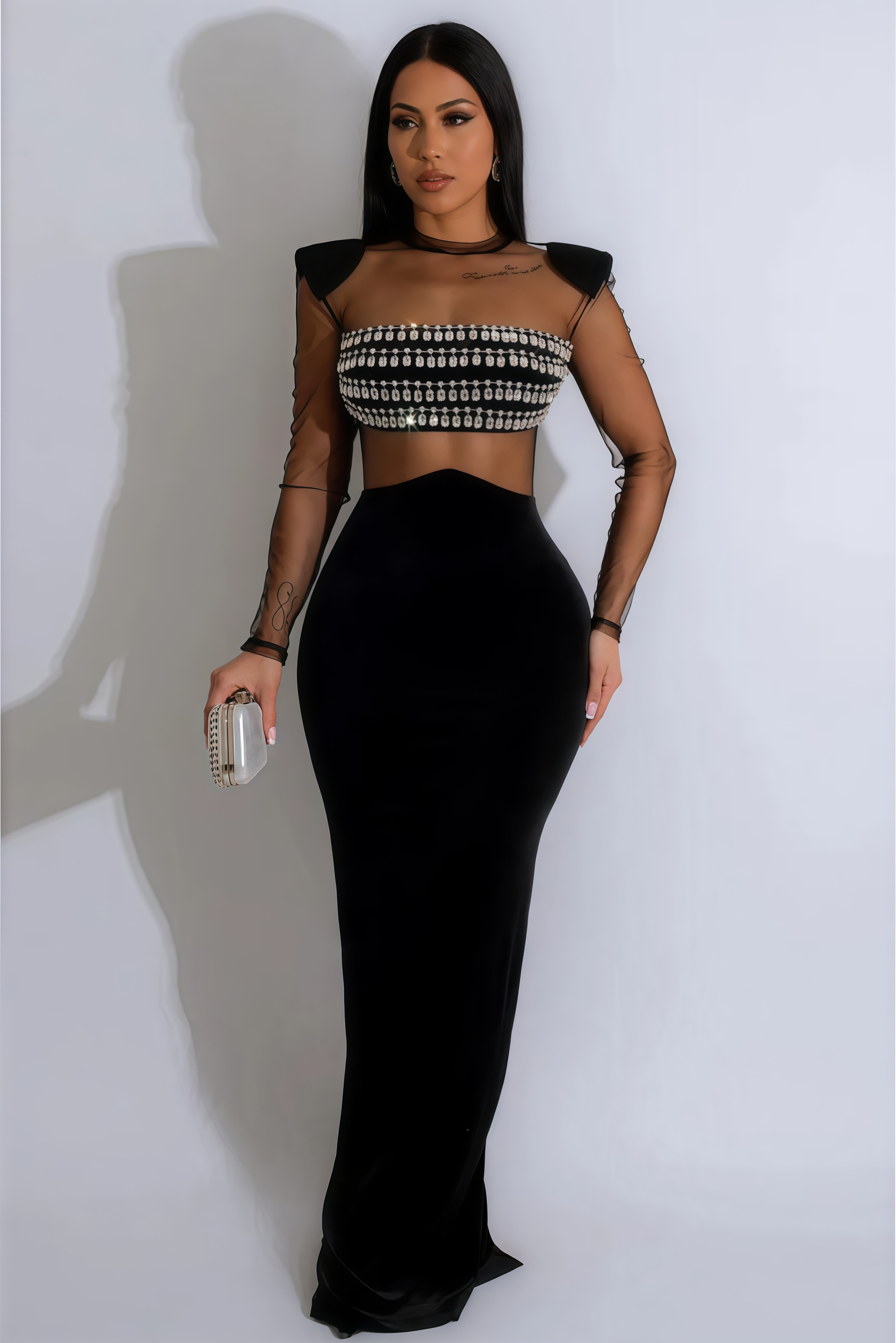 Sophia Long Sleeve Rhinestone Maxi Dress