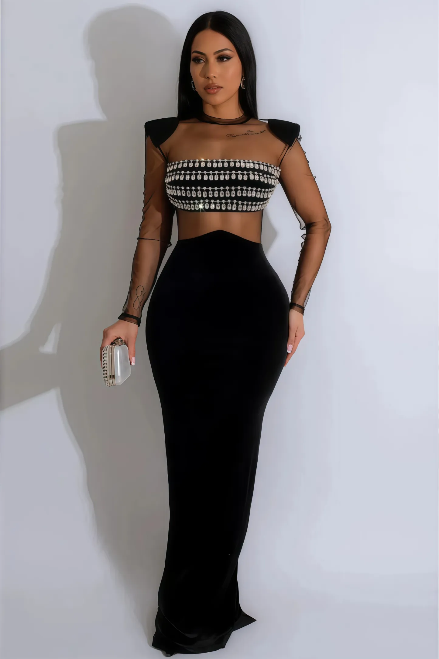 Sophia Long Sleeve Rhinestone Maxi Dress
