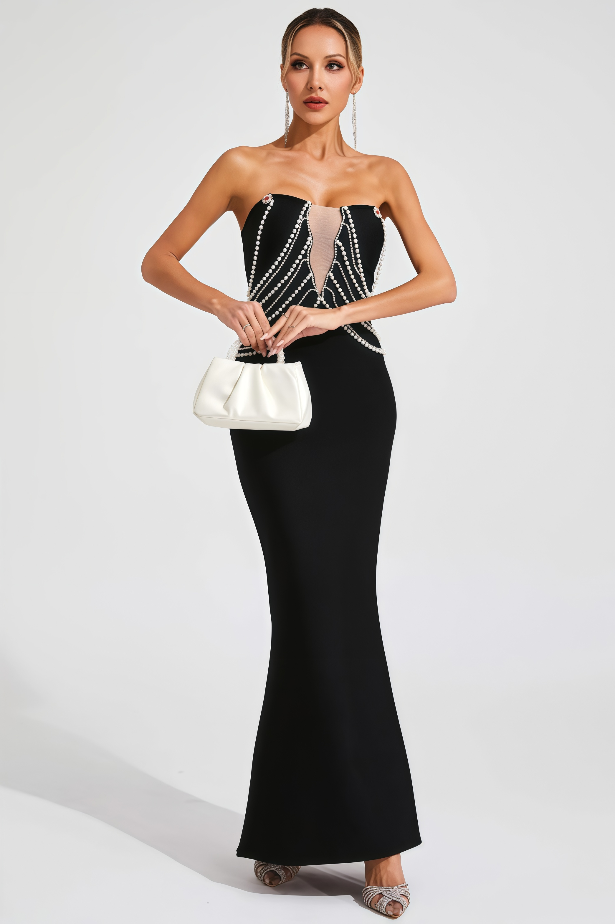 Vaughn Black Pearls Off Shoulder Maxi Dress