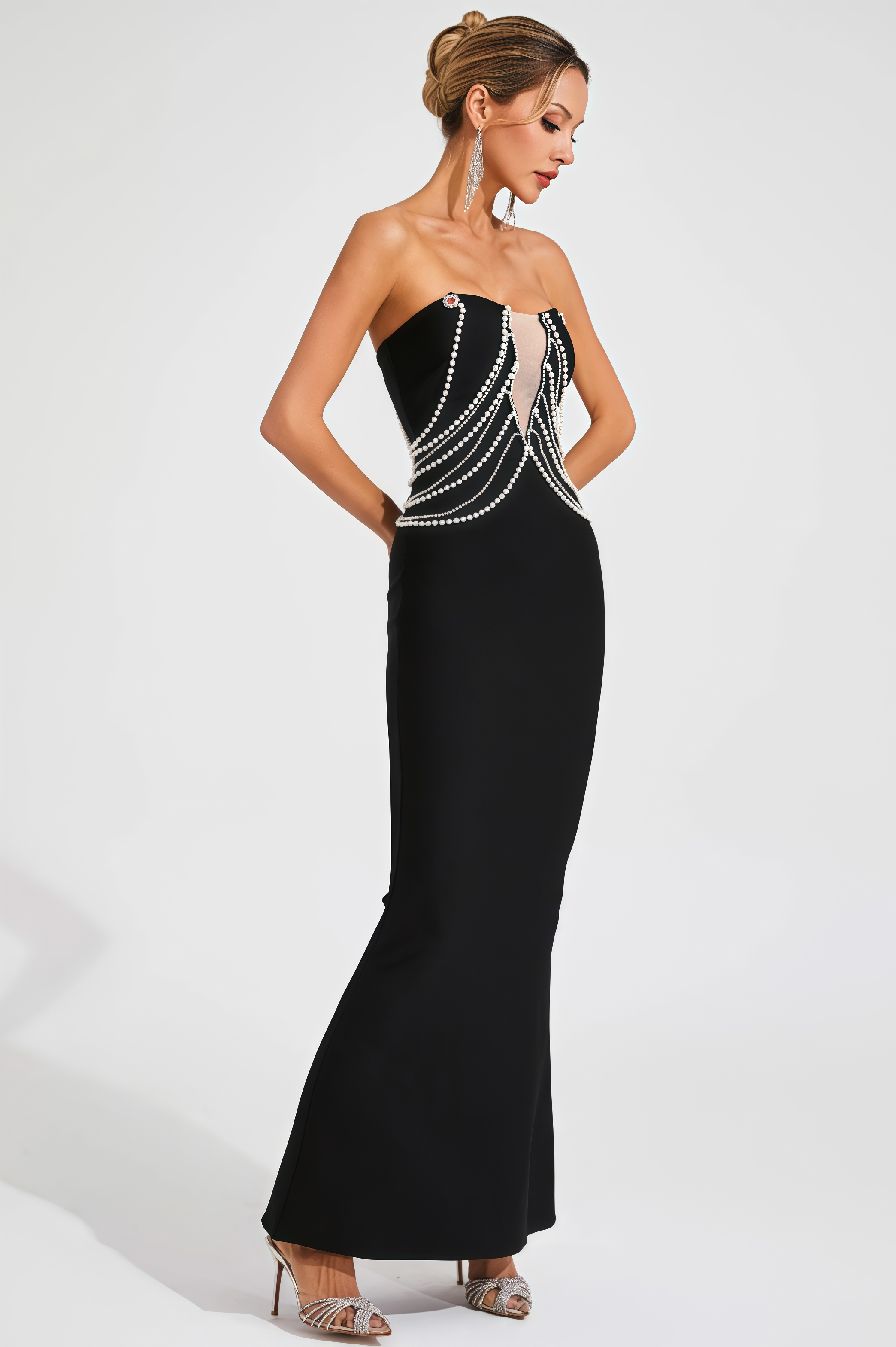 Vaughn Black Pearls Off Shoulder Maxi Dress