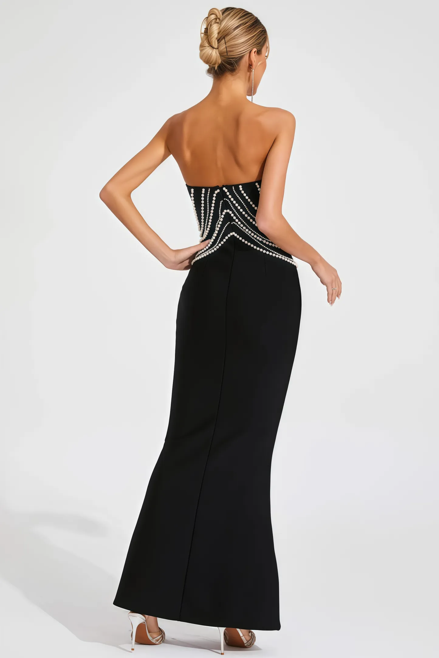Vaughn Black Pearls Off Shoulder Maxi Dress