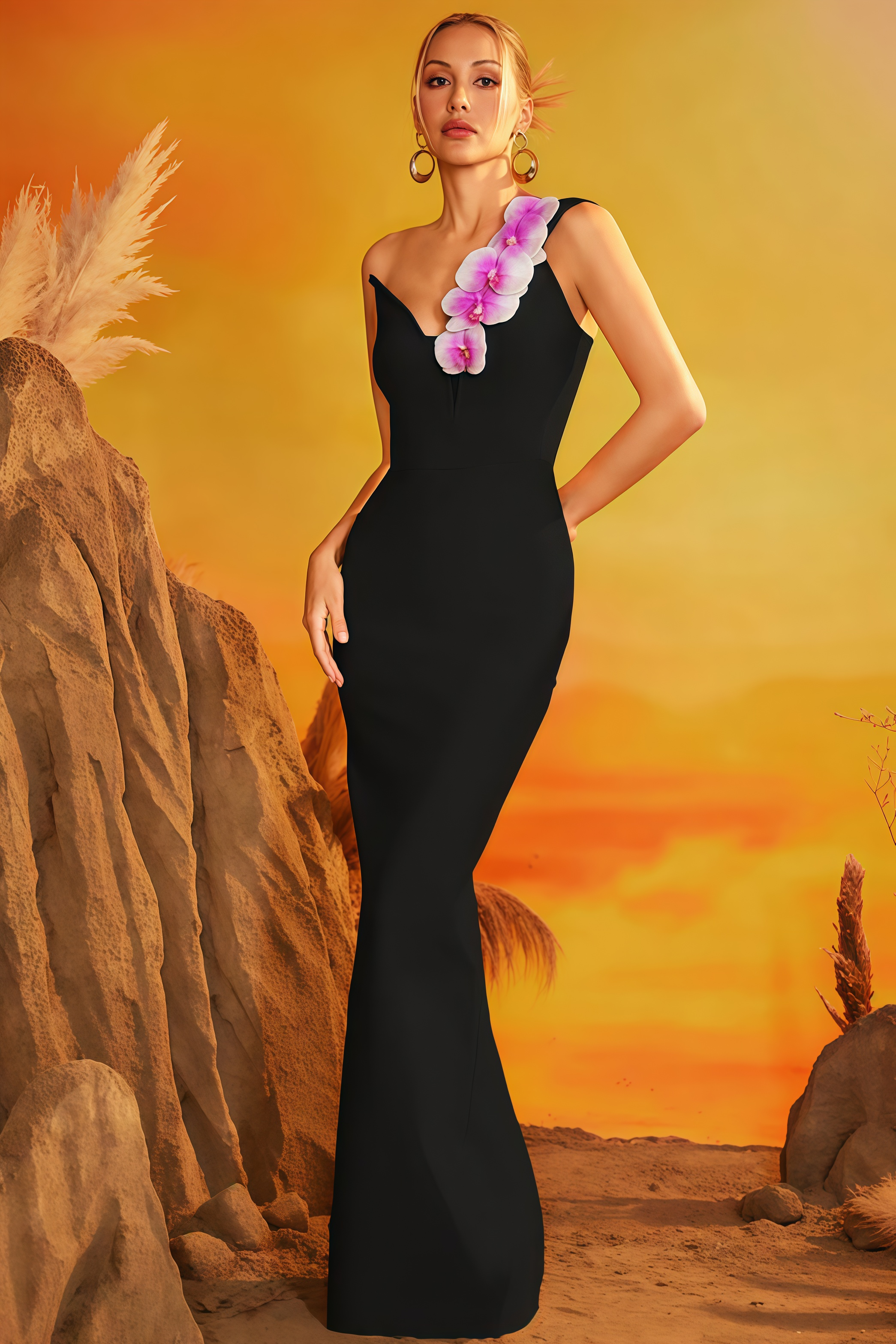 Xaeli One Shoulder Flower Bandage Maxi Dress