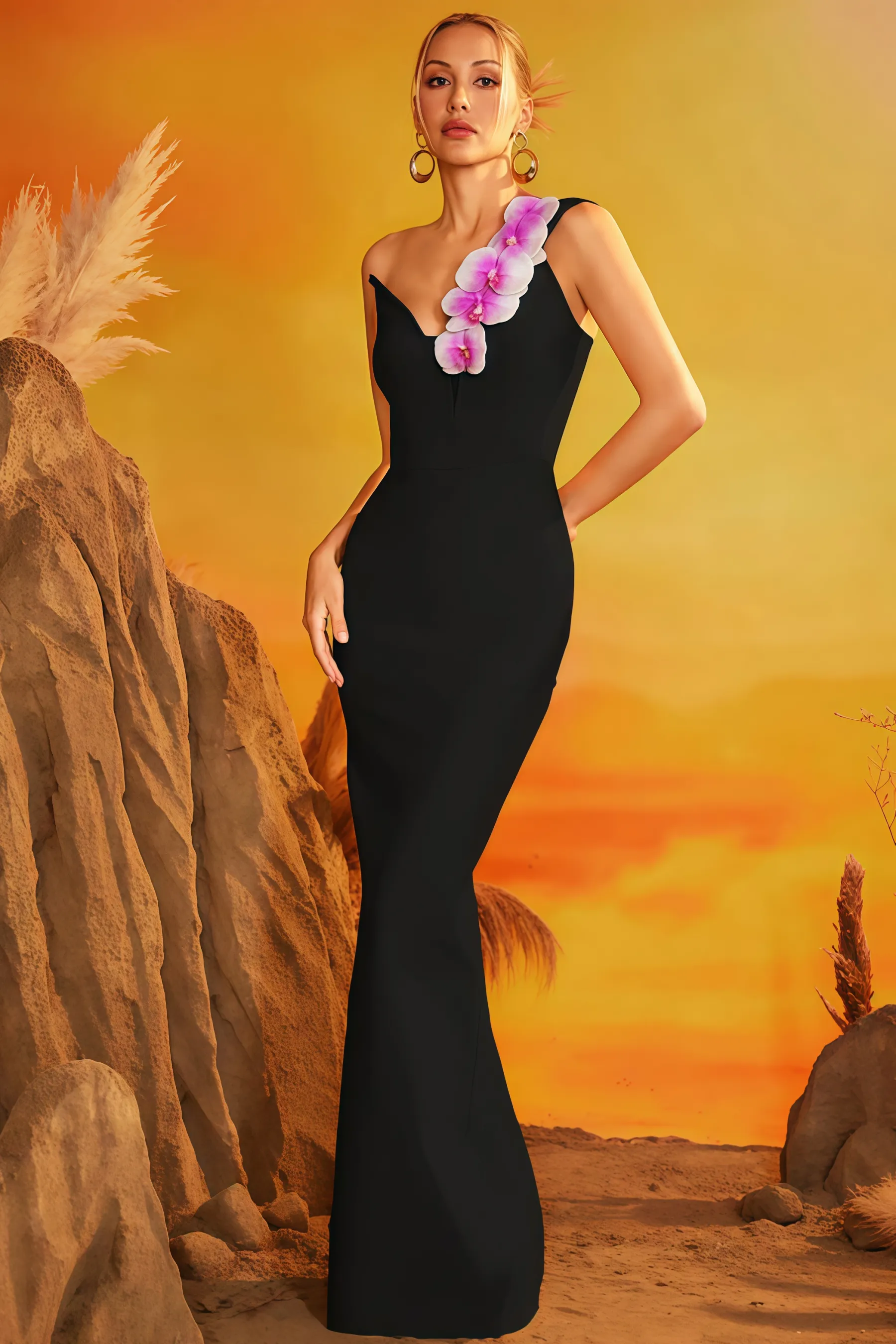 Xaeli One Shoulder Flower Bandage Maxi Dress