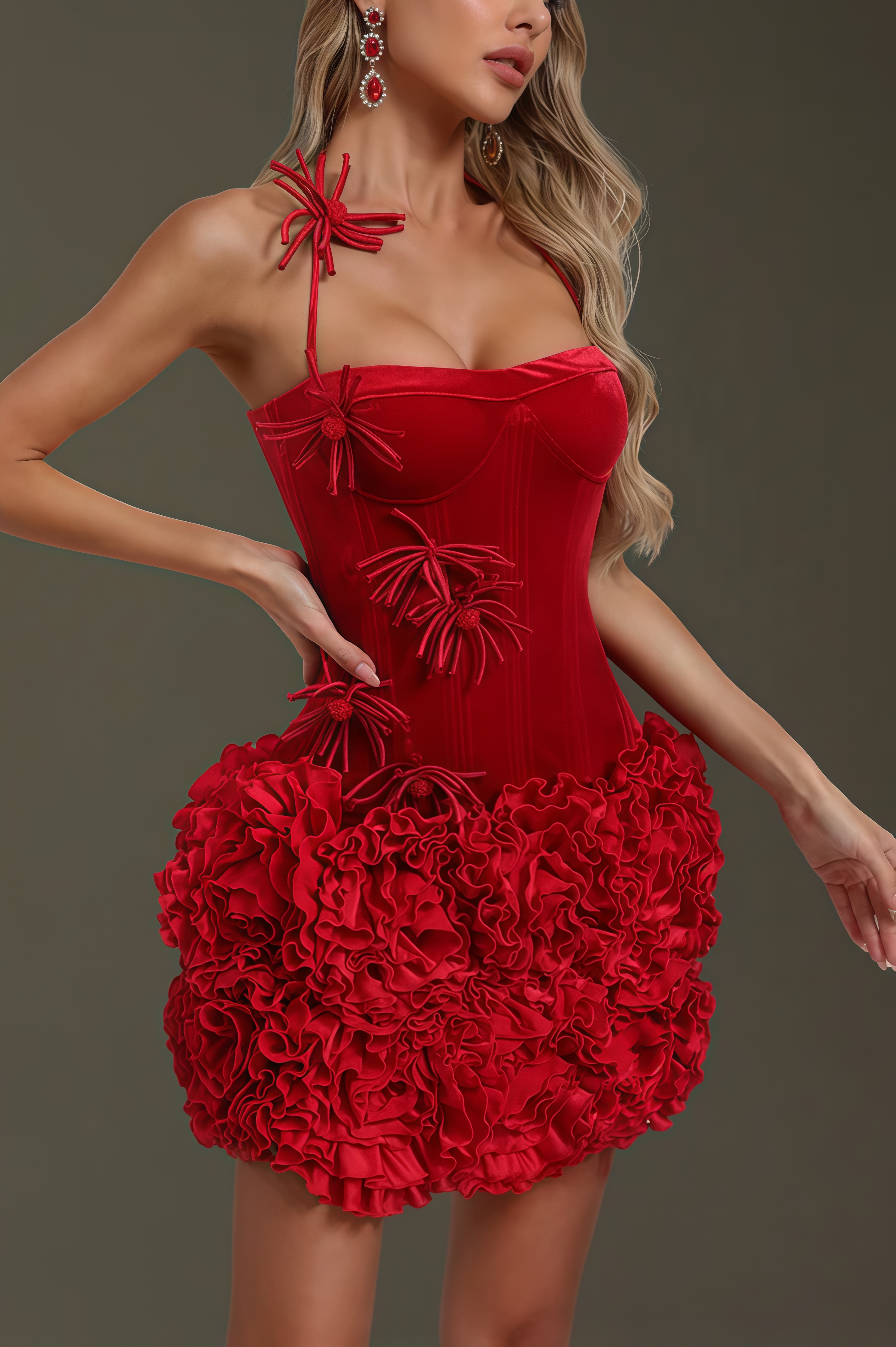 Marina Flower Velvet Ruched Mini Dress
