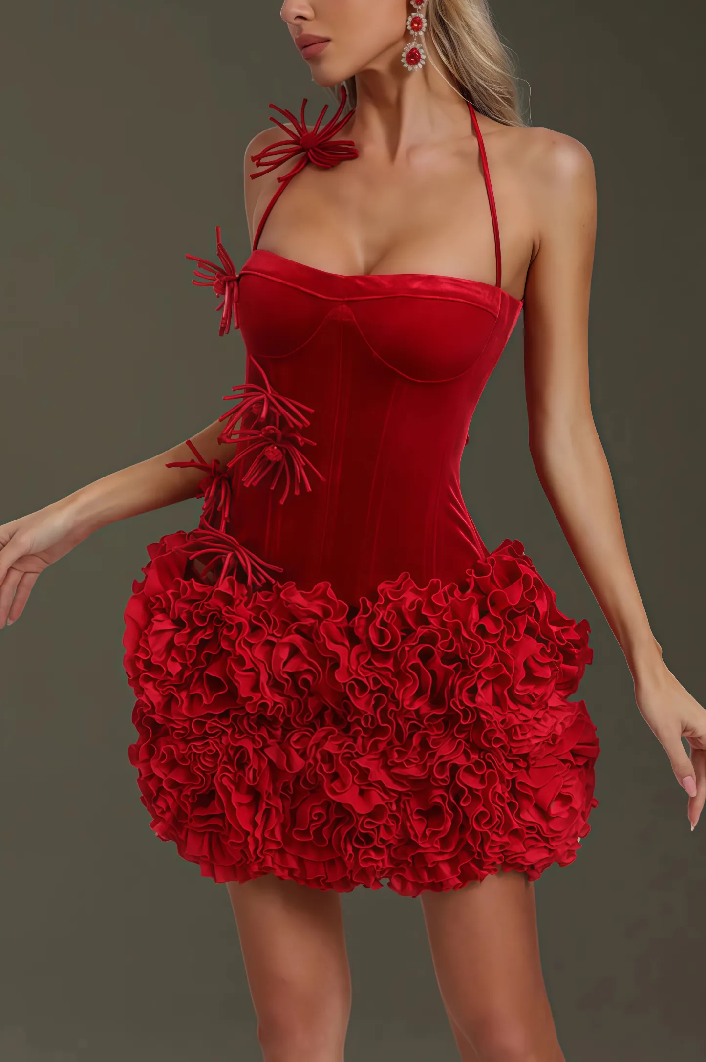 Marina Flower Velvet Ruched Mini Dress