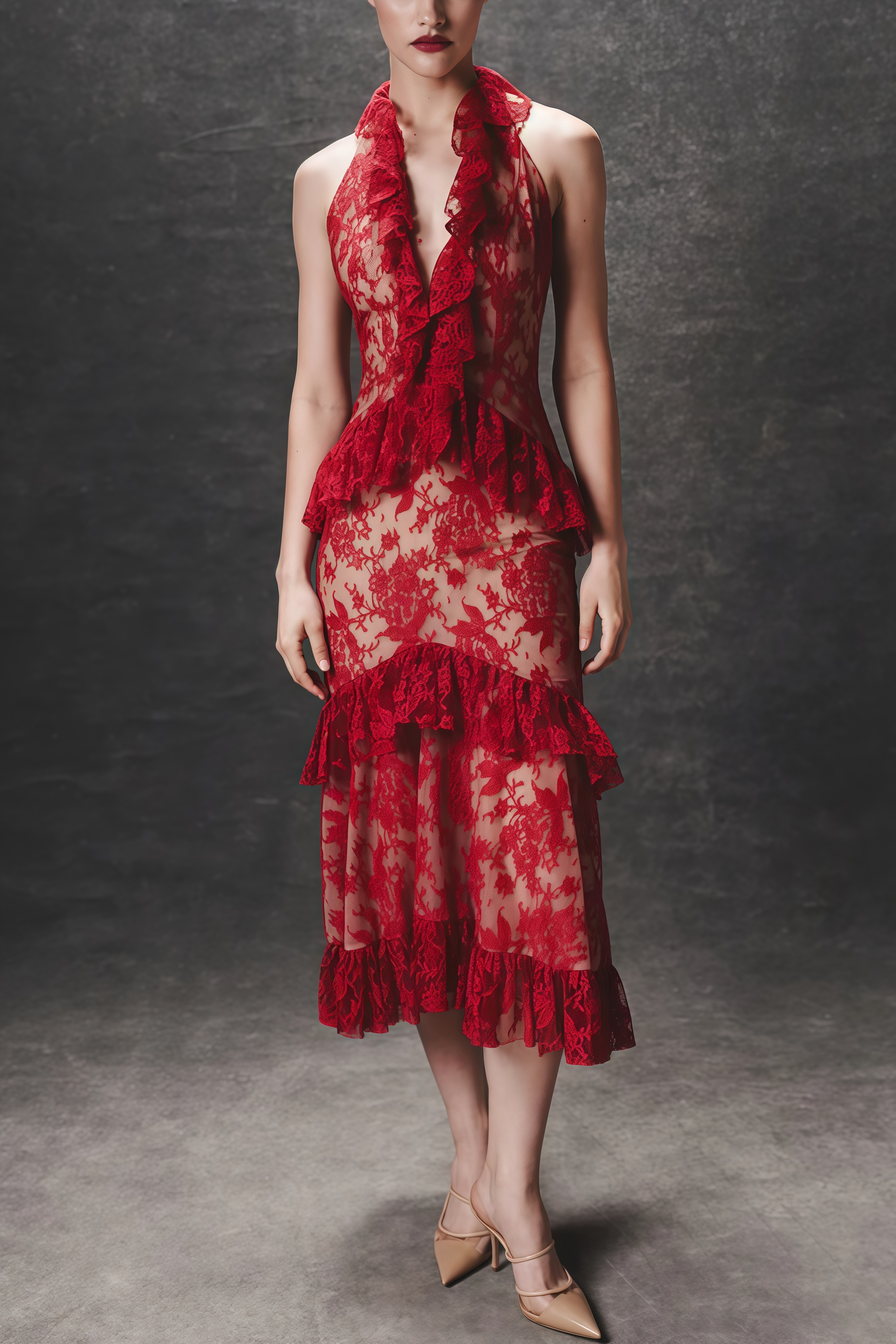 Gracd Backless Lace Ruffled Midi Dress