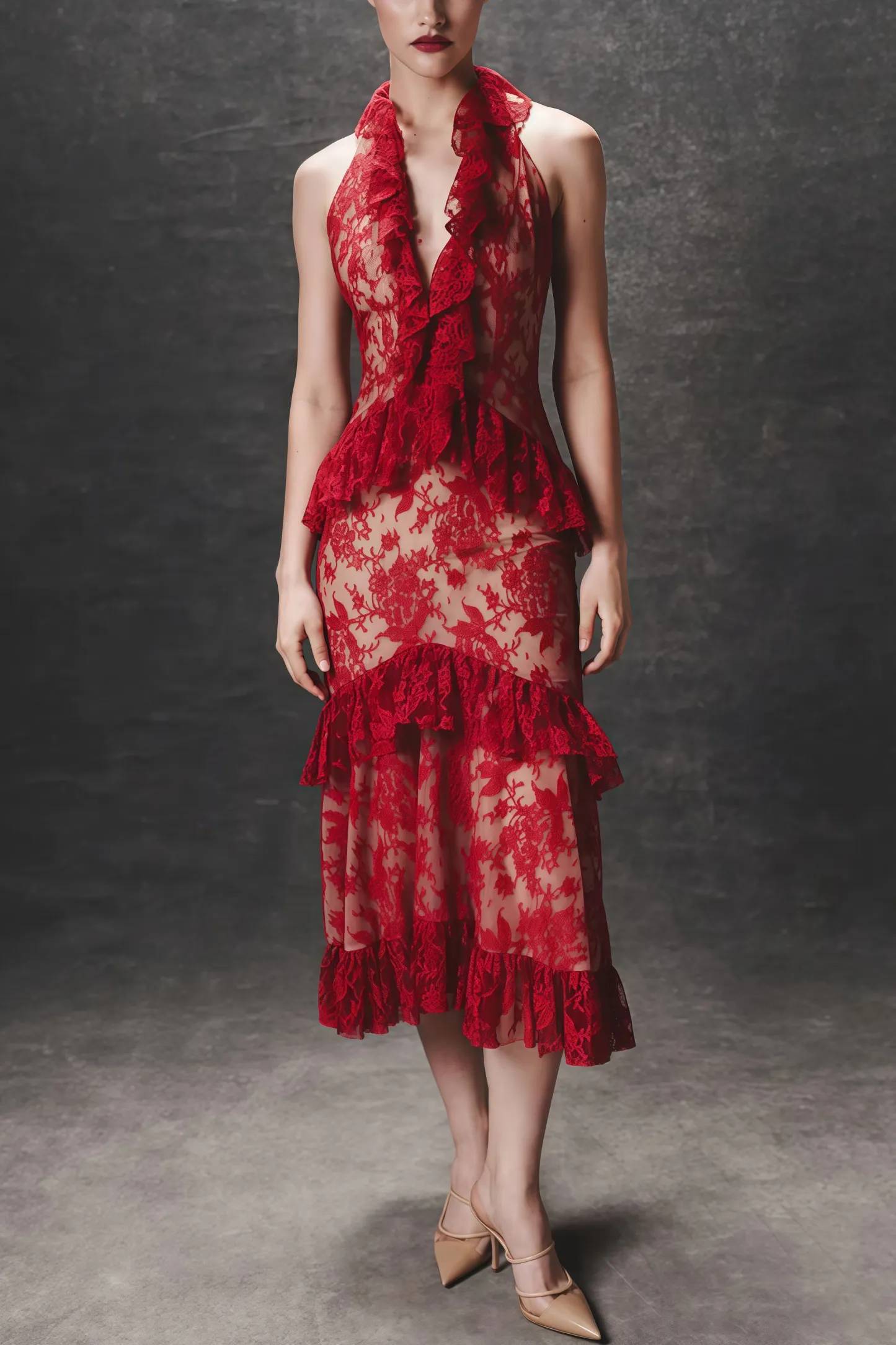 Gracd Backless Lace Ruffled Midi Dress