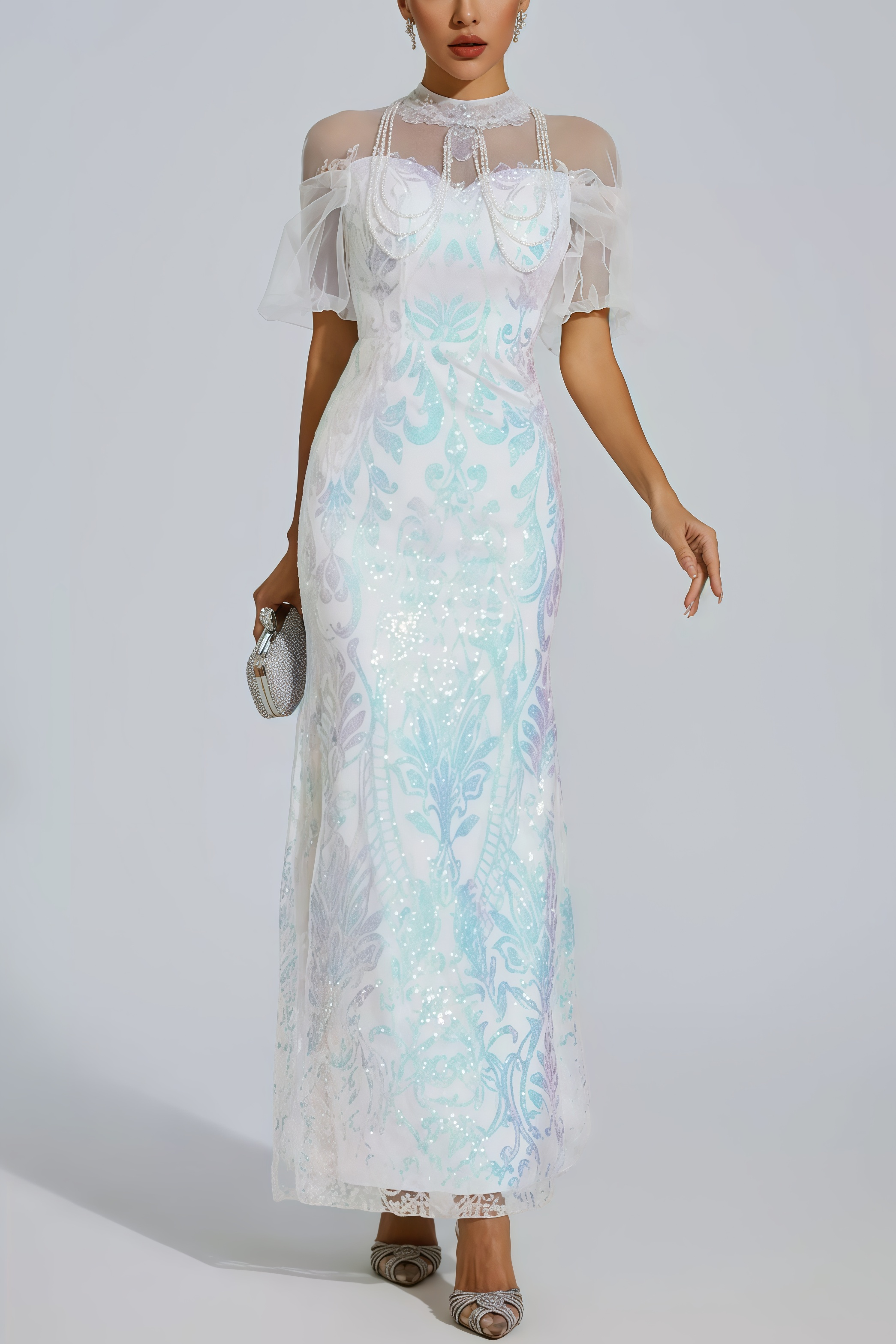 Austinse White Mesh Maxi Sequin Maxi Dress