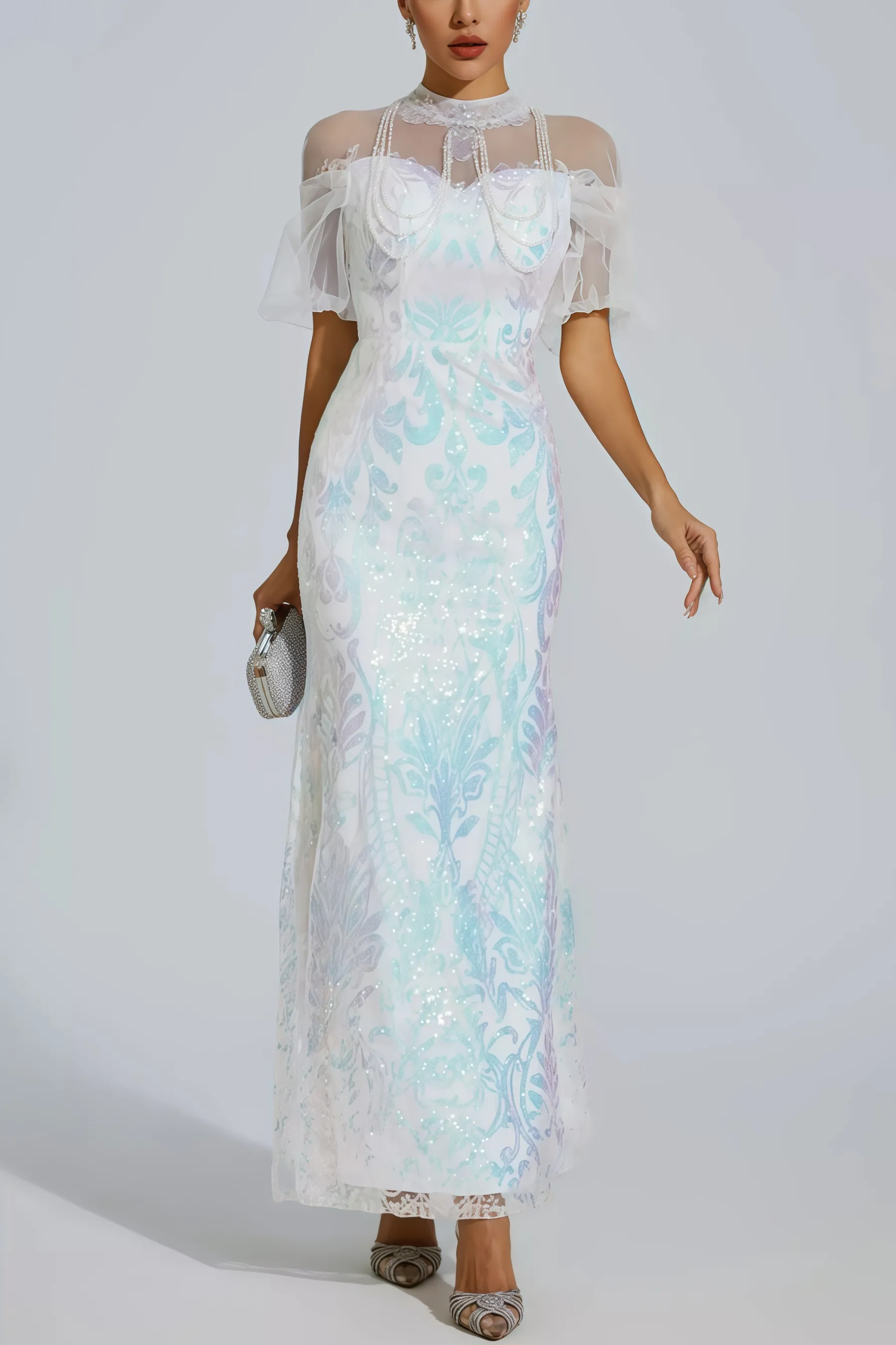 Austinse White Mesh Maxi Sequin Maxi Dress