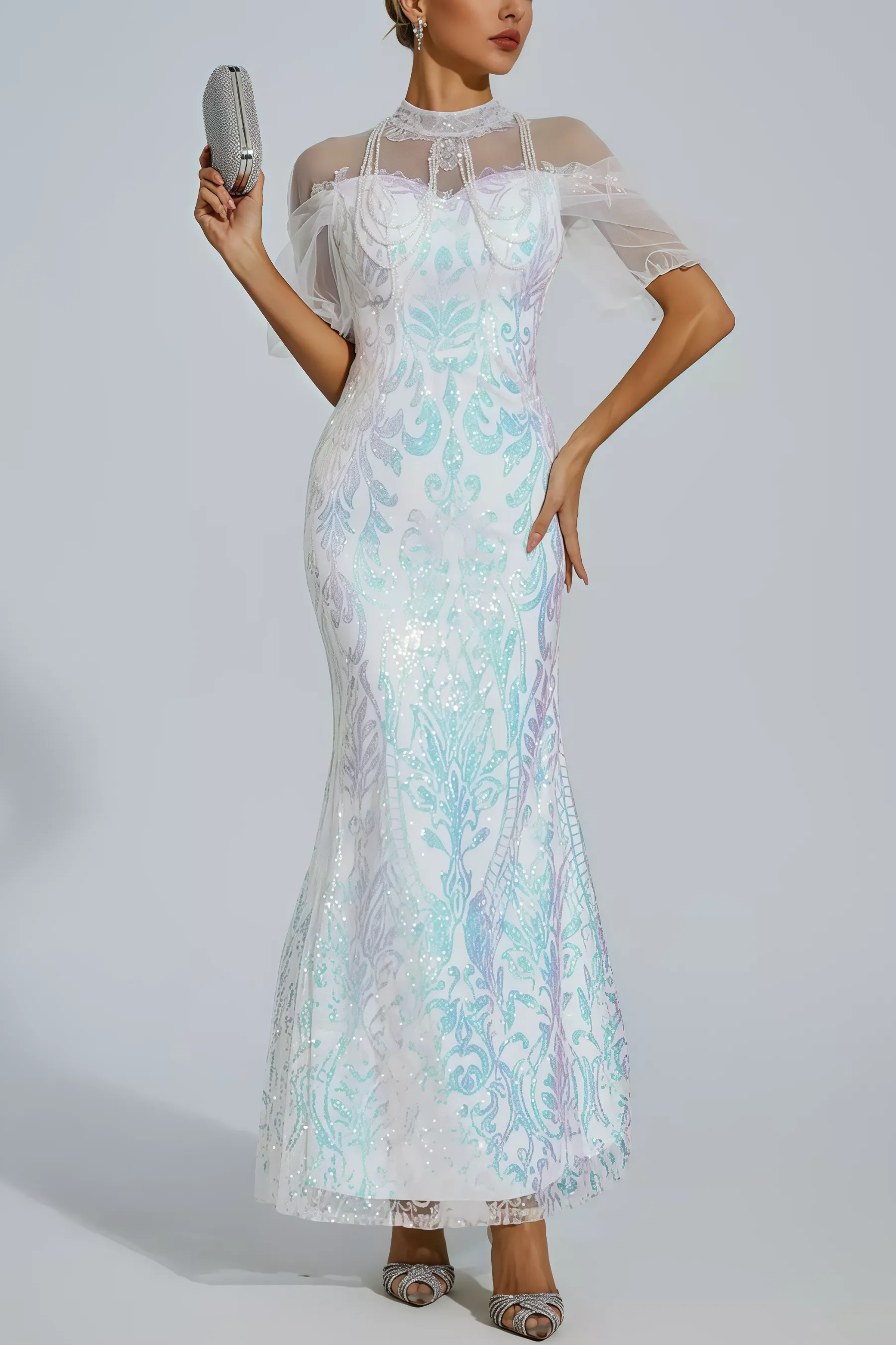 Austinse White Mesh Maxi Sequin Maxi Dress