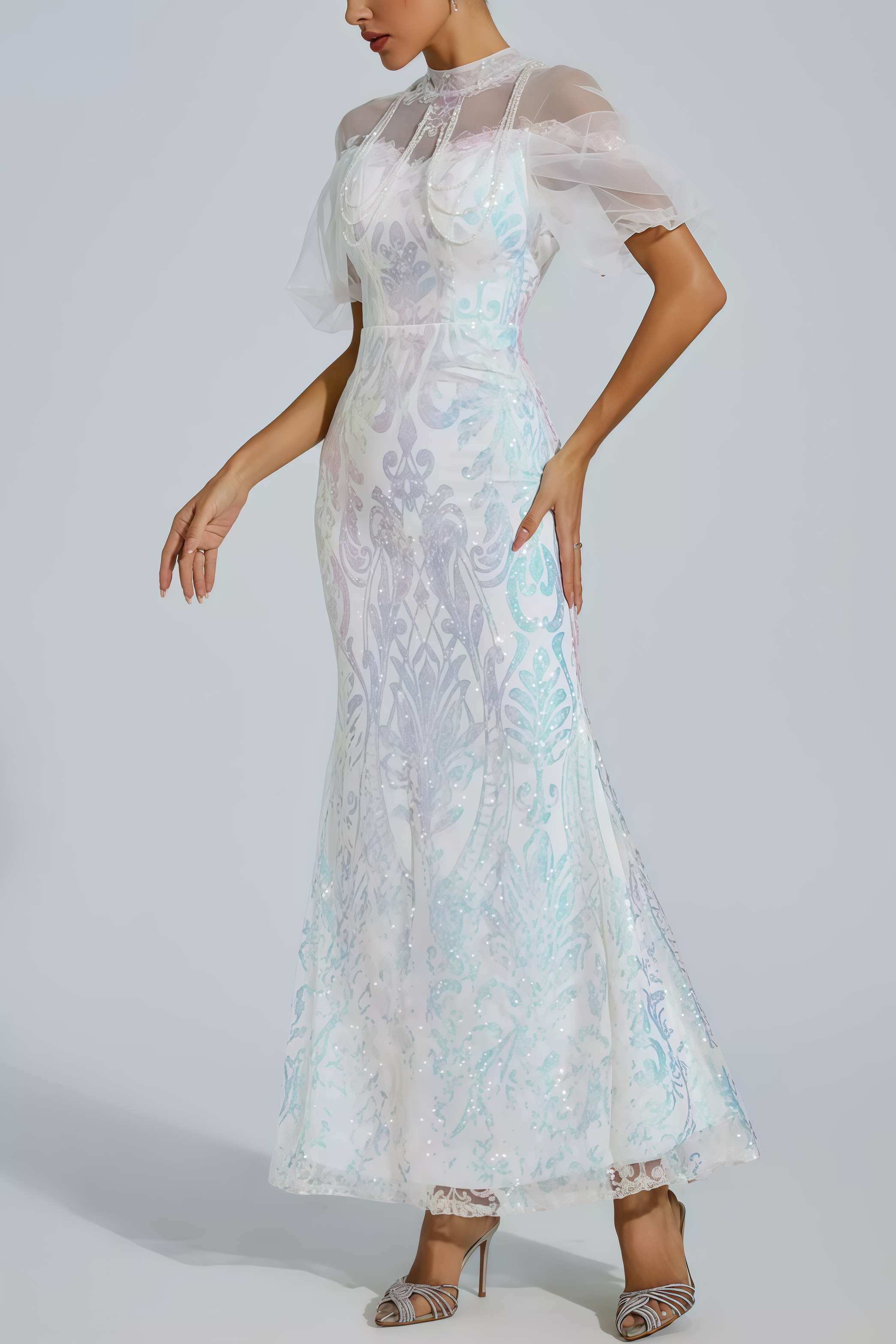 Austinse White Mesh Maxi Sequin Maxi Dress
