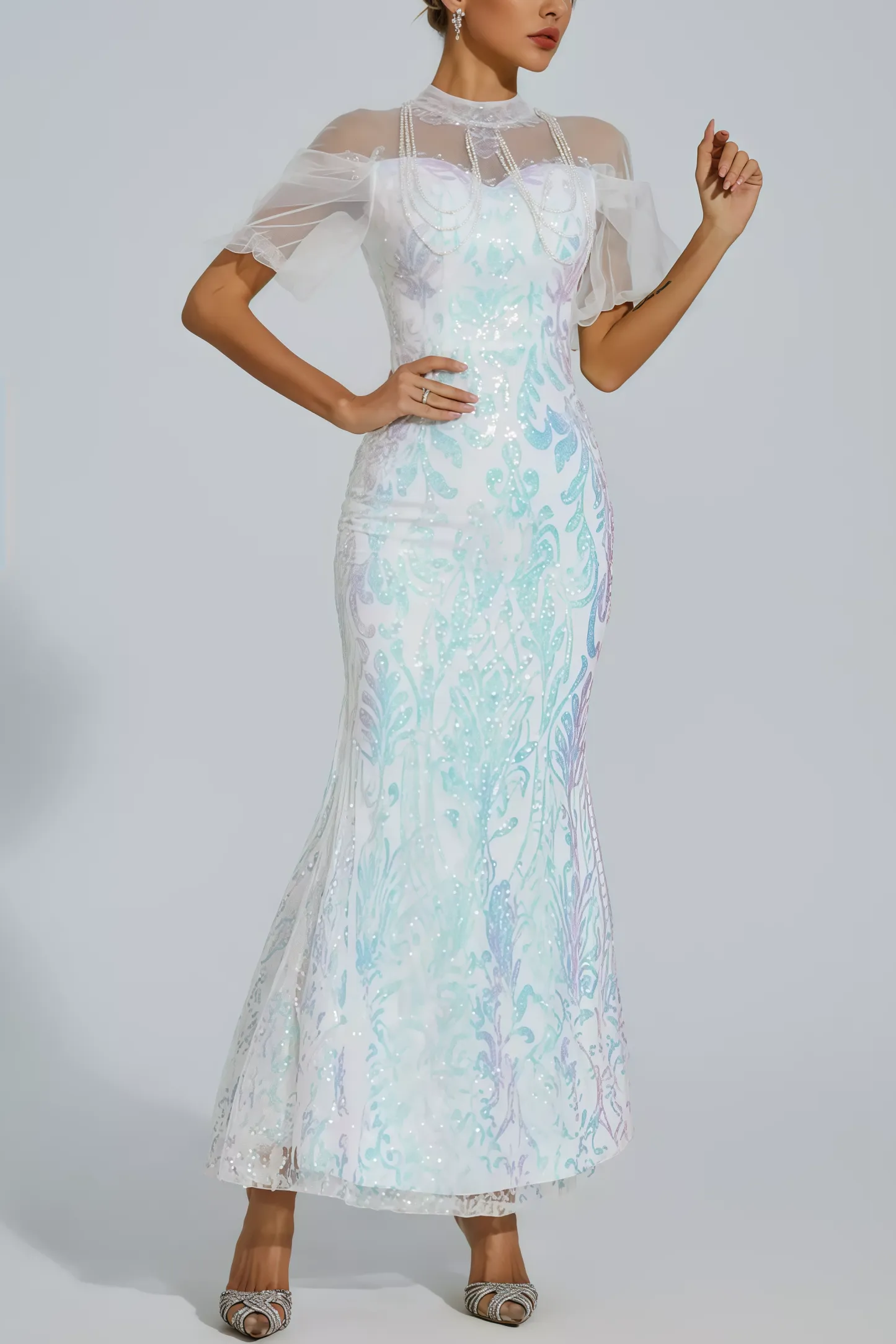 Austinse White Mesh Maxi Sequin Maxi Dress