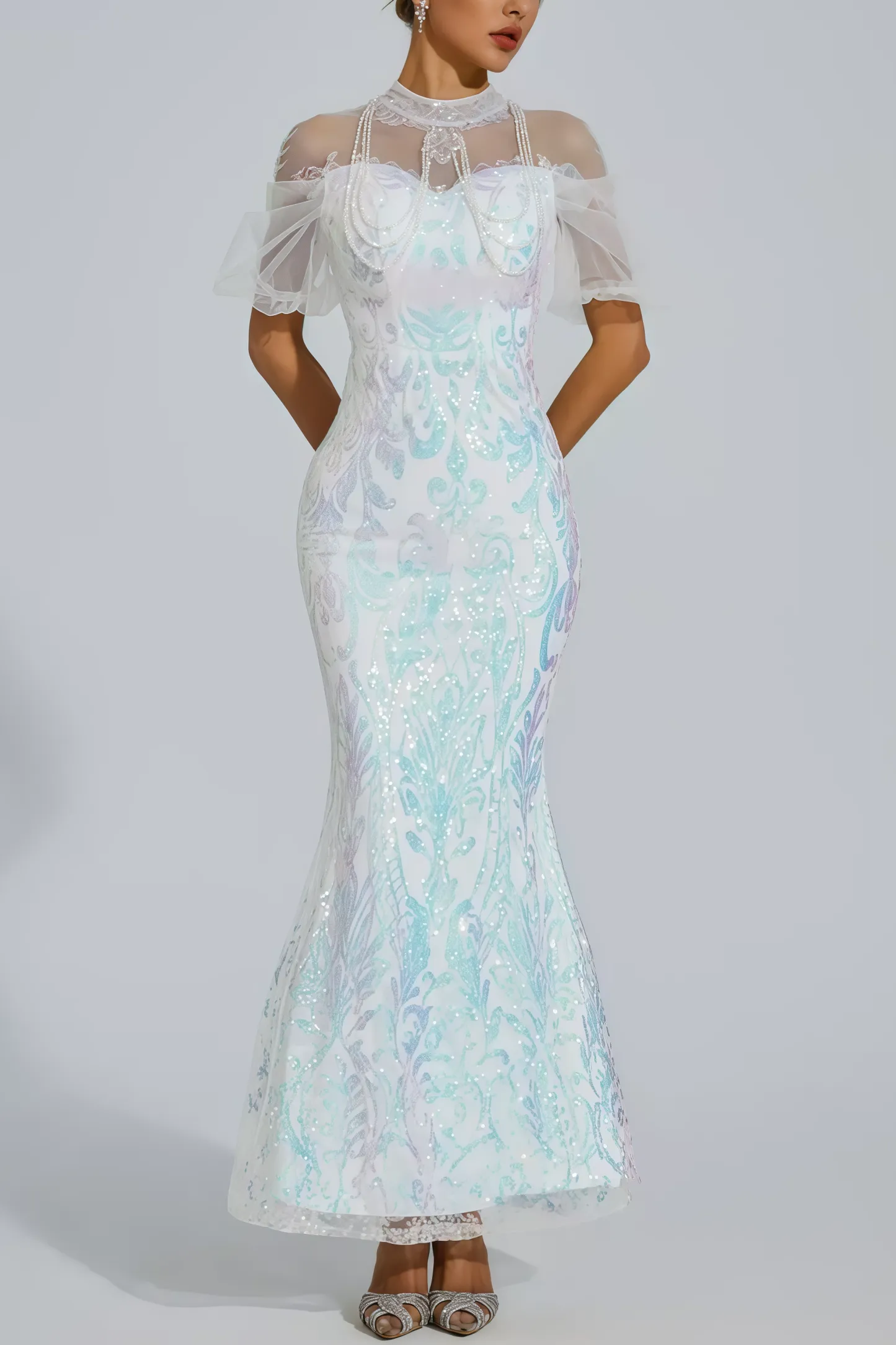 Austinse White Mesh Maxi Sequin Maxi Dress