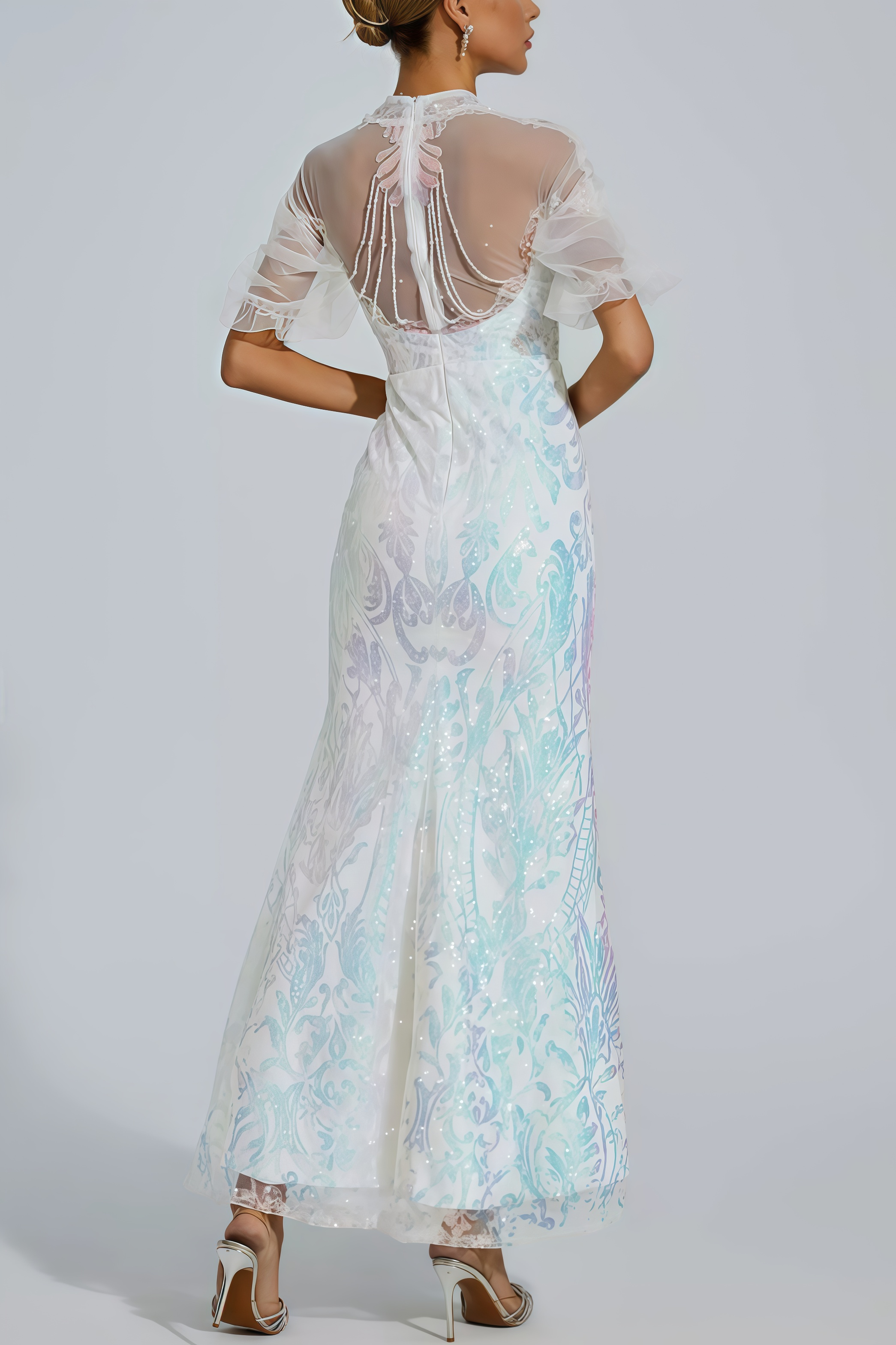 Austinse White Mesh Maxi Sequin Maxi Dress