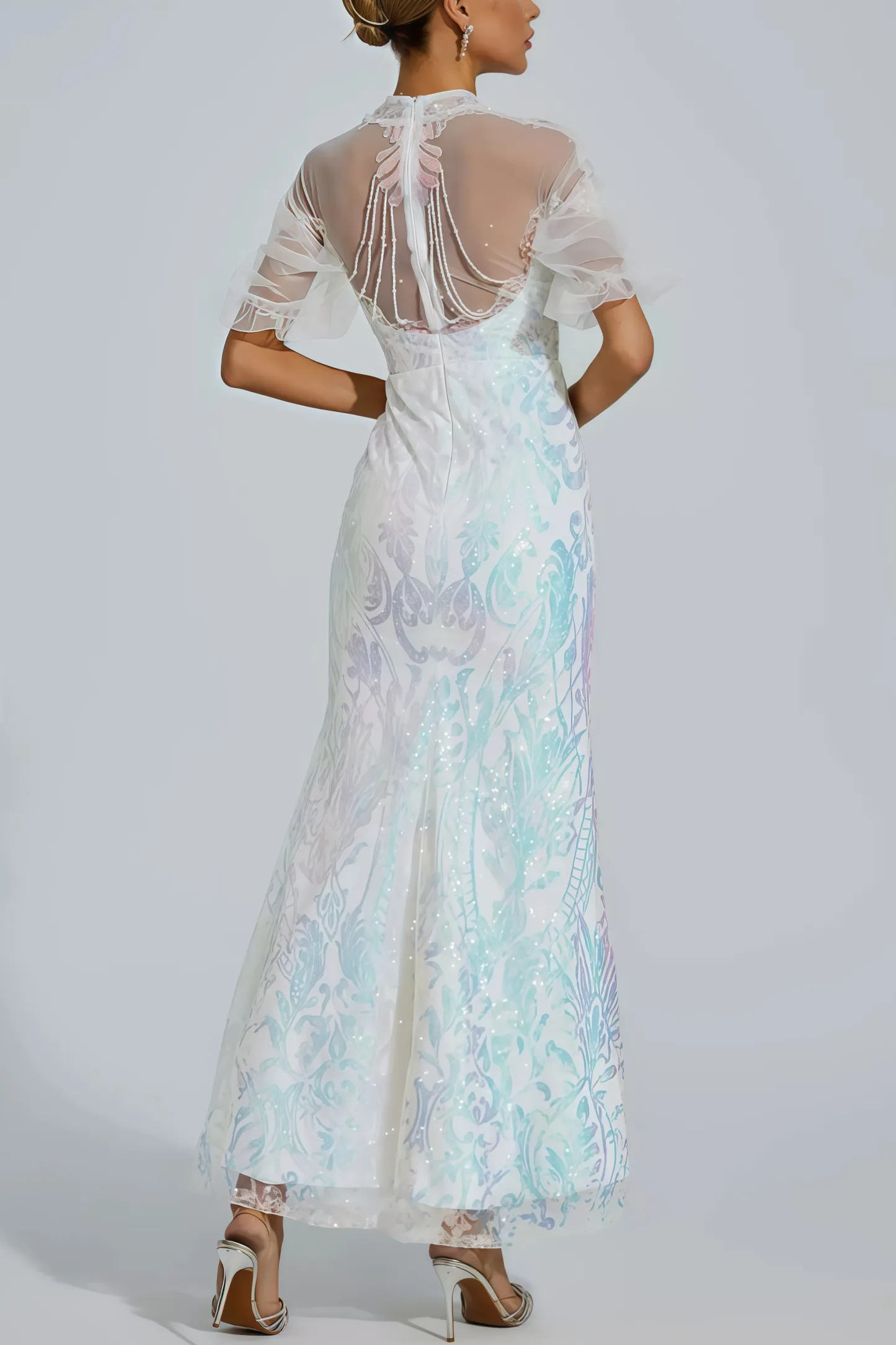 Austinse White Mesh Maxi Sequin Maxi Dress