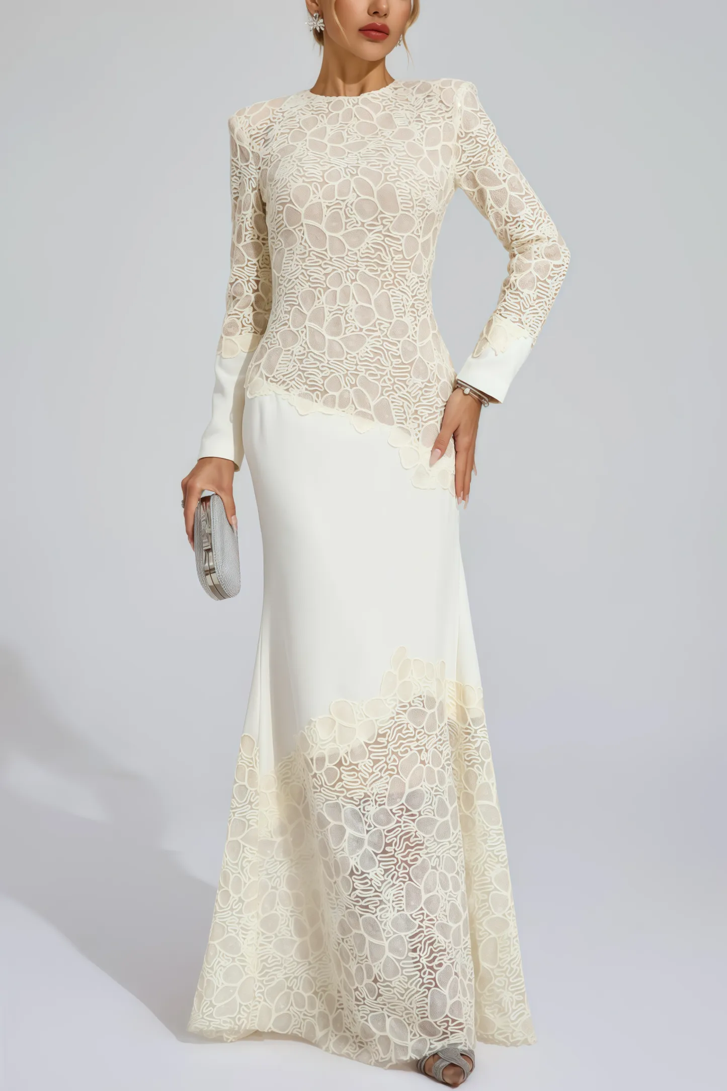 Giank Beige Embroidered Maxi Dress