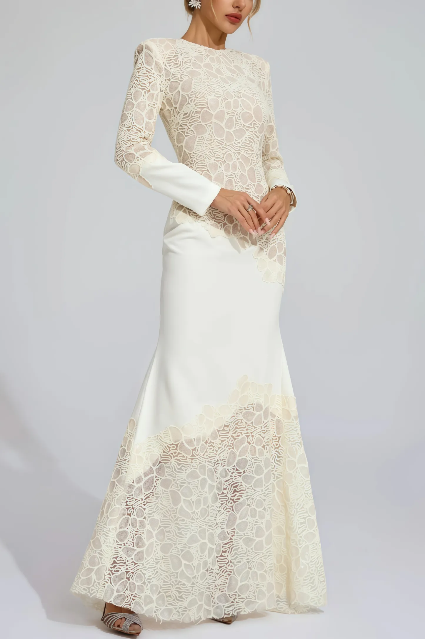 Giank Beige Embroidered Maxi Dress