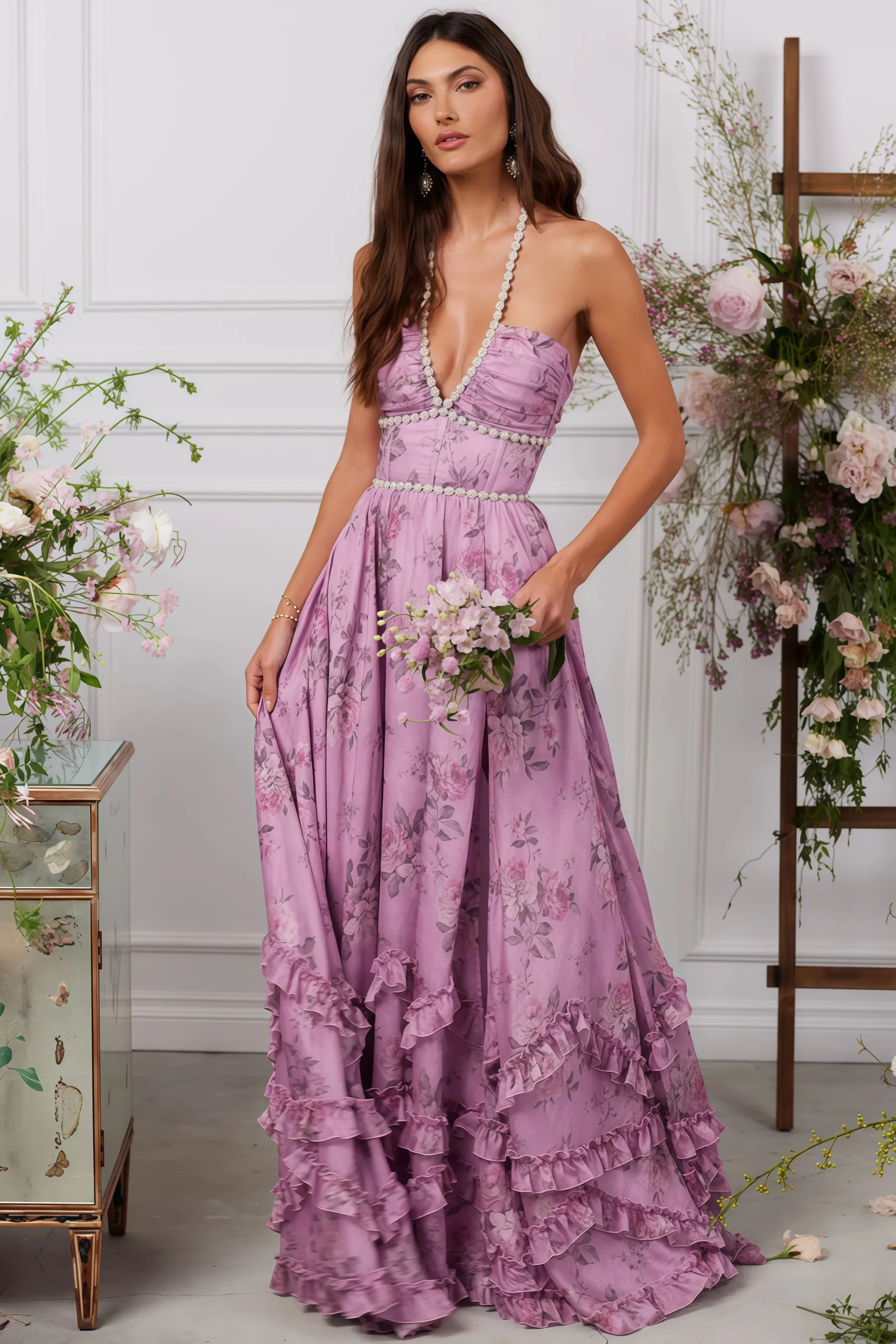 Jodie Printed Hanging Neck Maxi Dress
