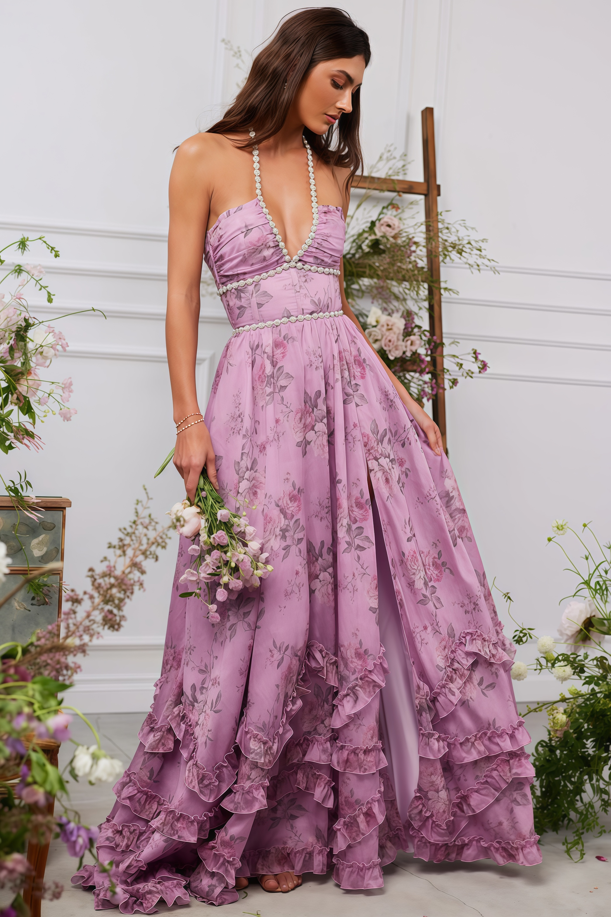 Jodie Printed Hanging Neck Maxi Dress