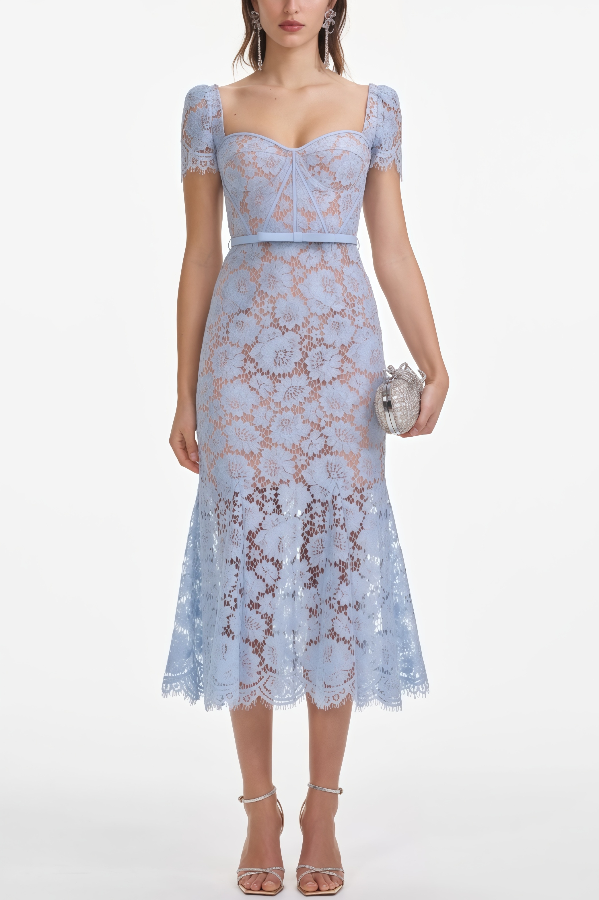 Xanea Square Neck Blue Lace Midi Dress