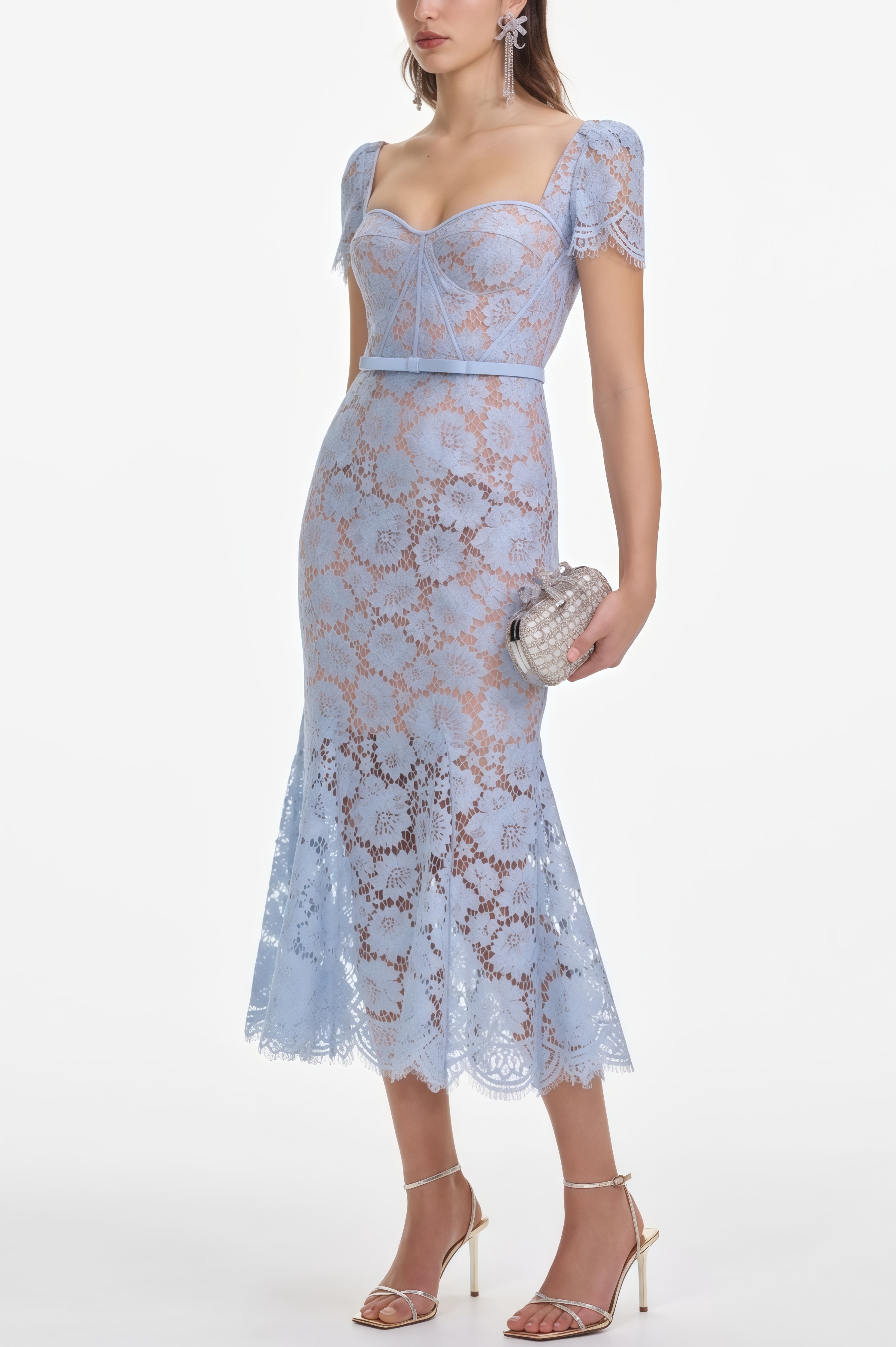 Xanea Square Neck Blue Lace Midi Dress