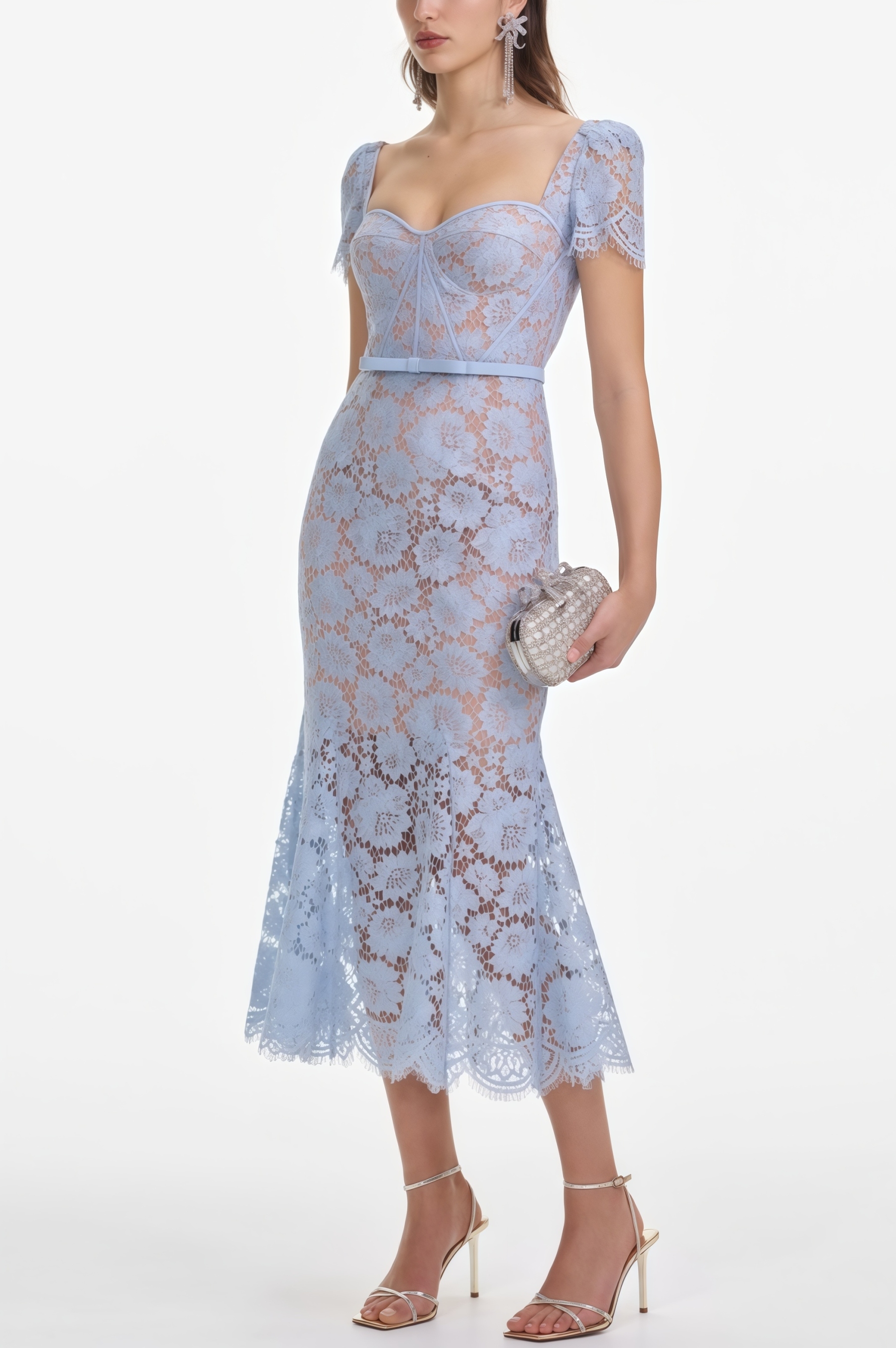 Xanea Square Neck Blue Lace Midi Dress