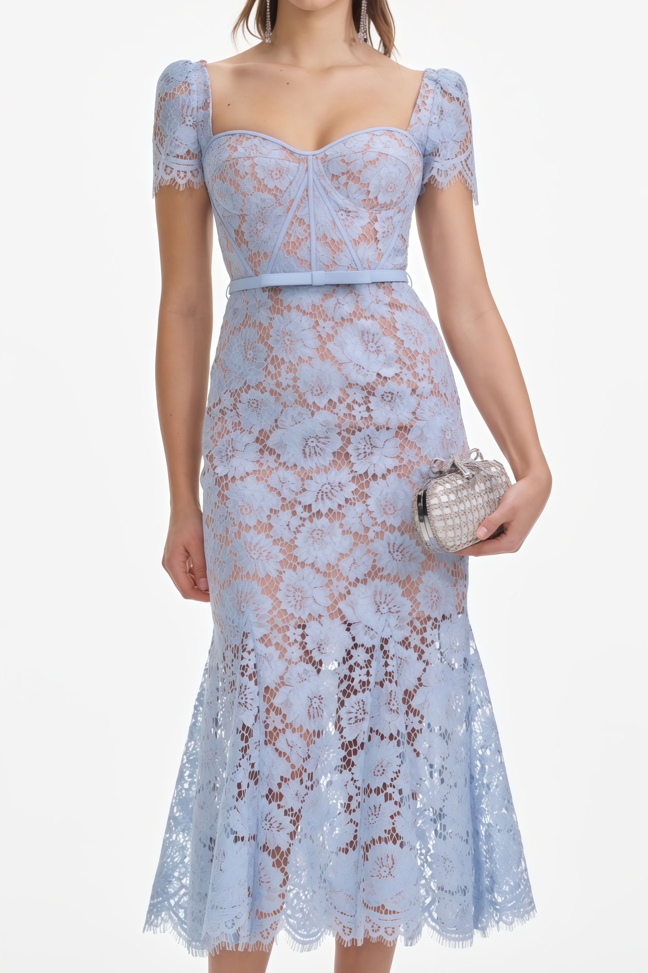 Xanea Square Neck Blue Lace Midi Dress