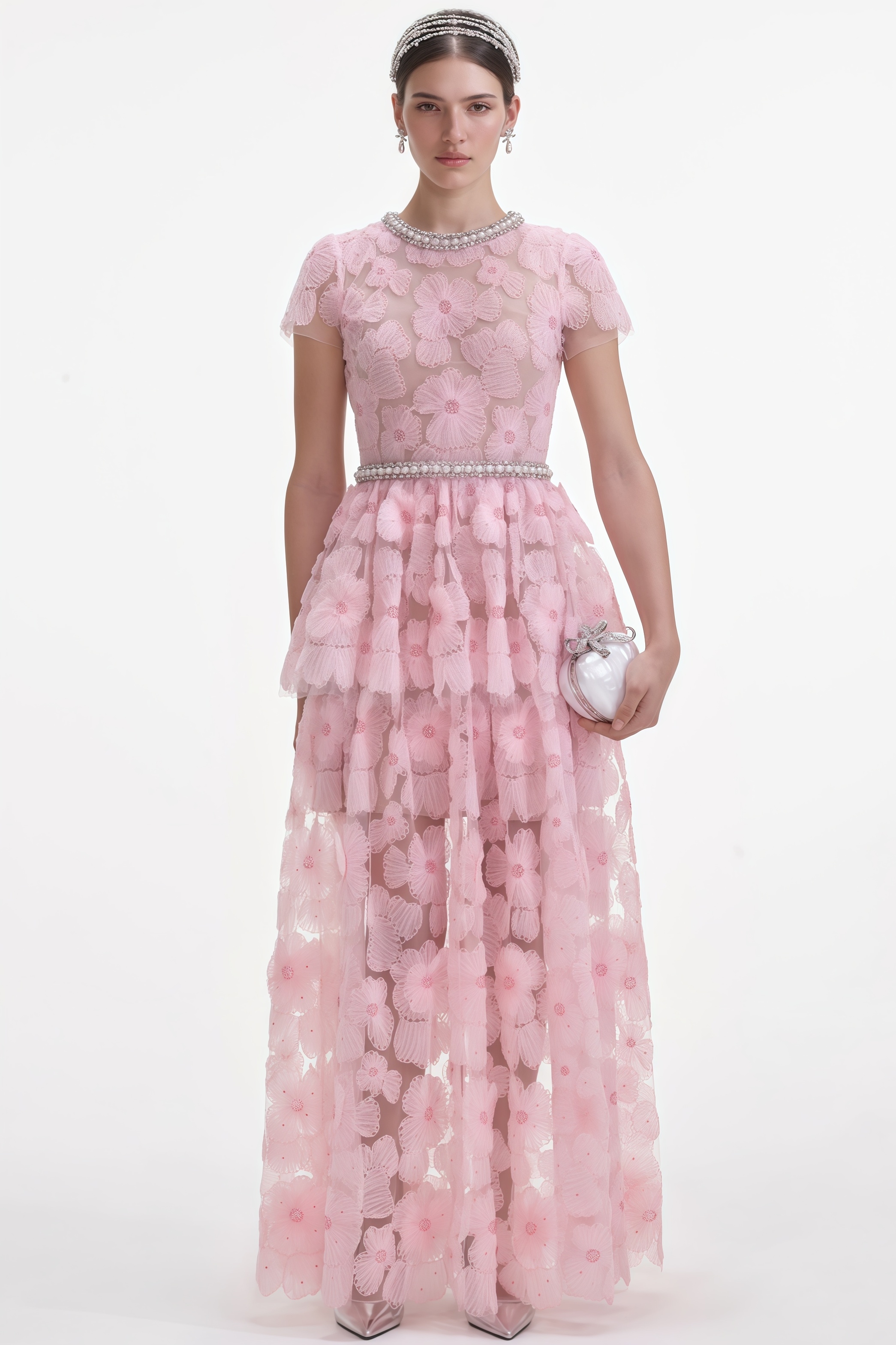 Oriel Pink Embellished Tulle Maxi Dress