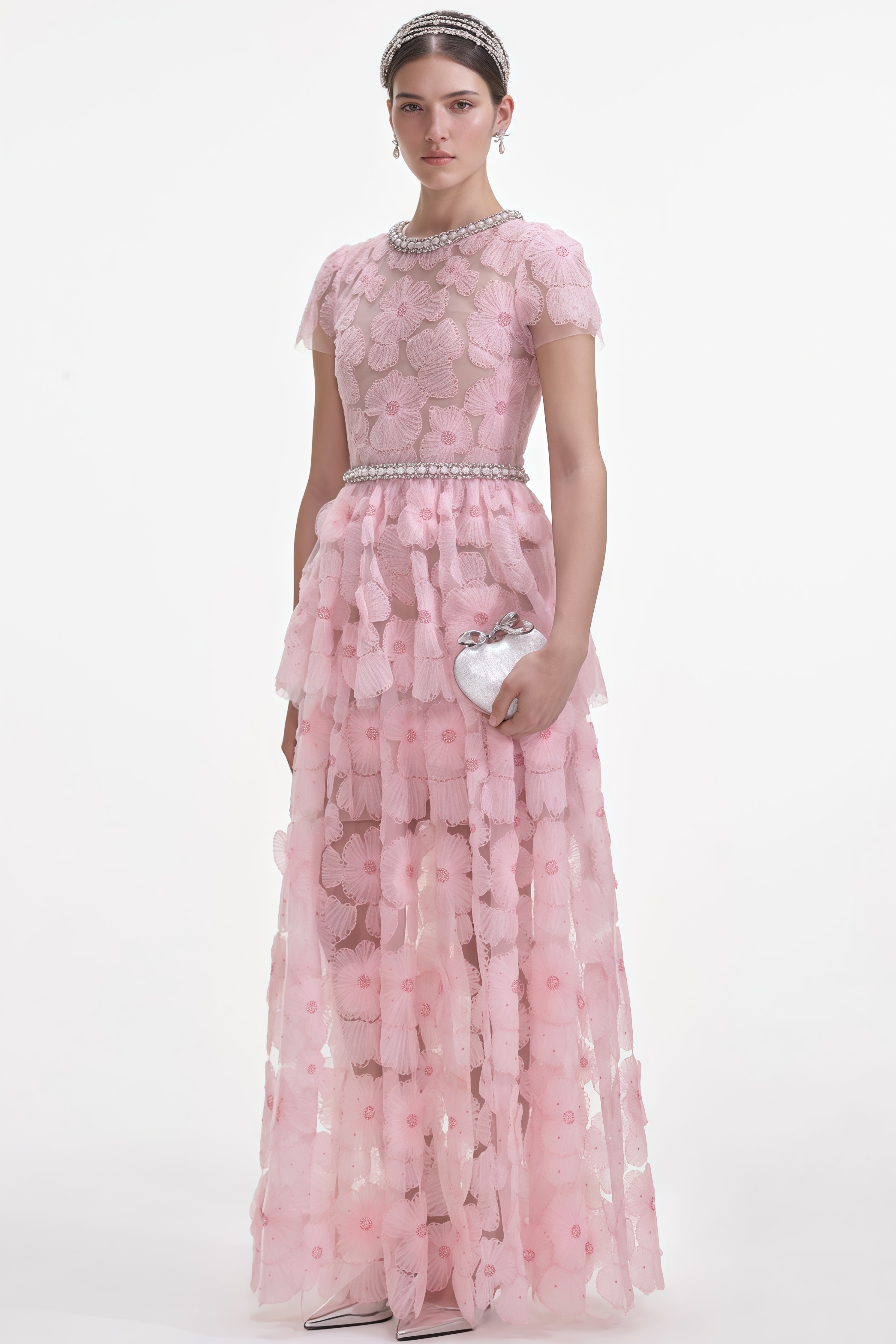 Oriel Pink Embellished Tulle Maxi Dress
