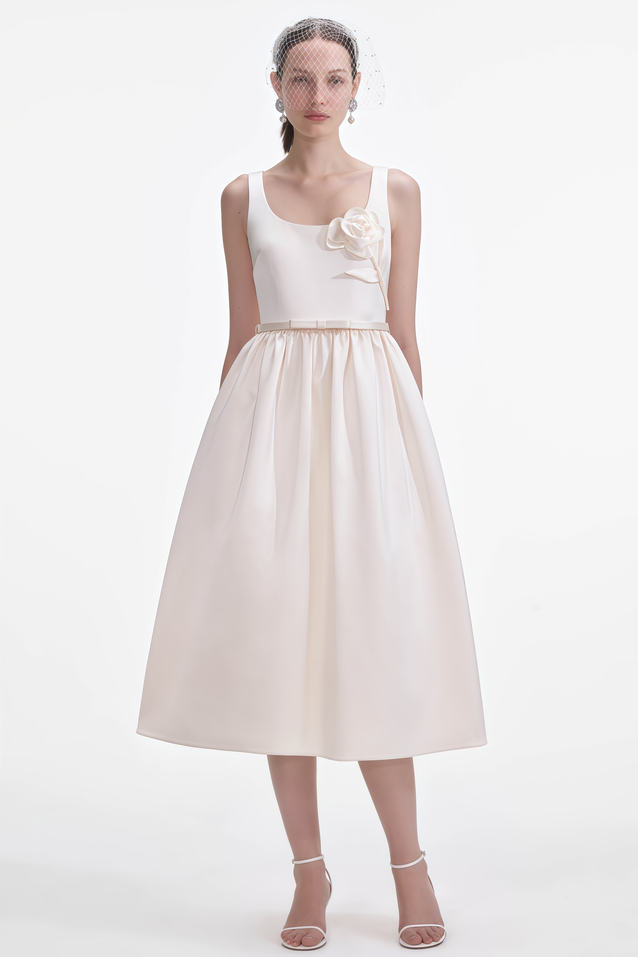 Kessf Cream Satin Flower Midi Dress