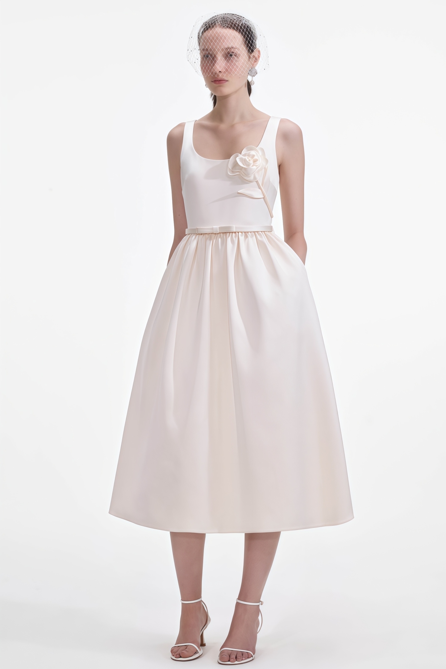 Kessf Cream Satin Flower Midi Dress