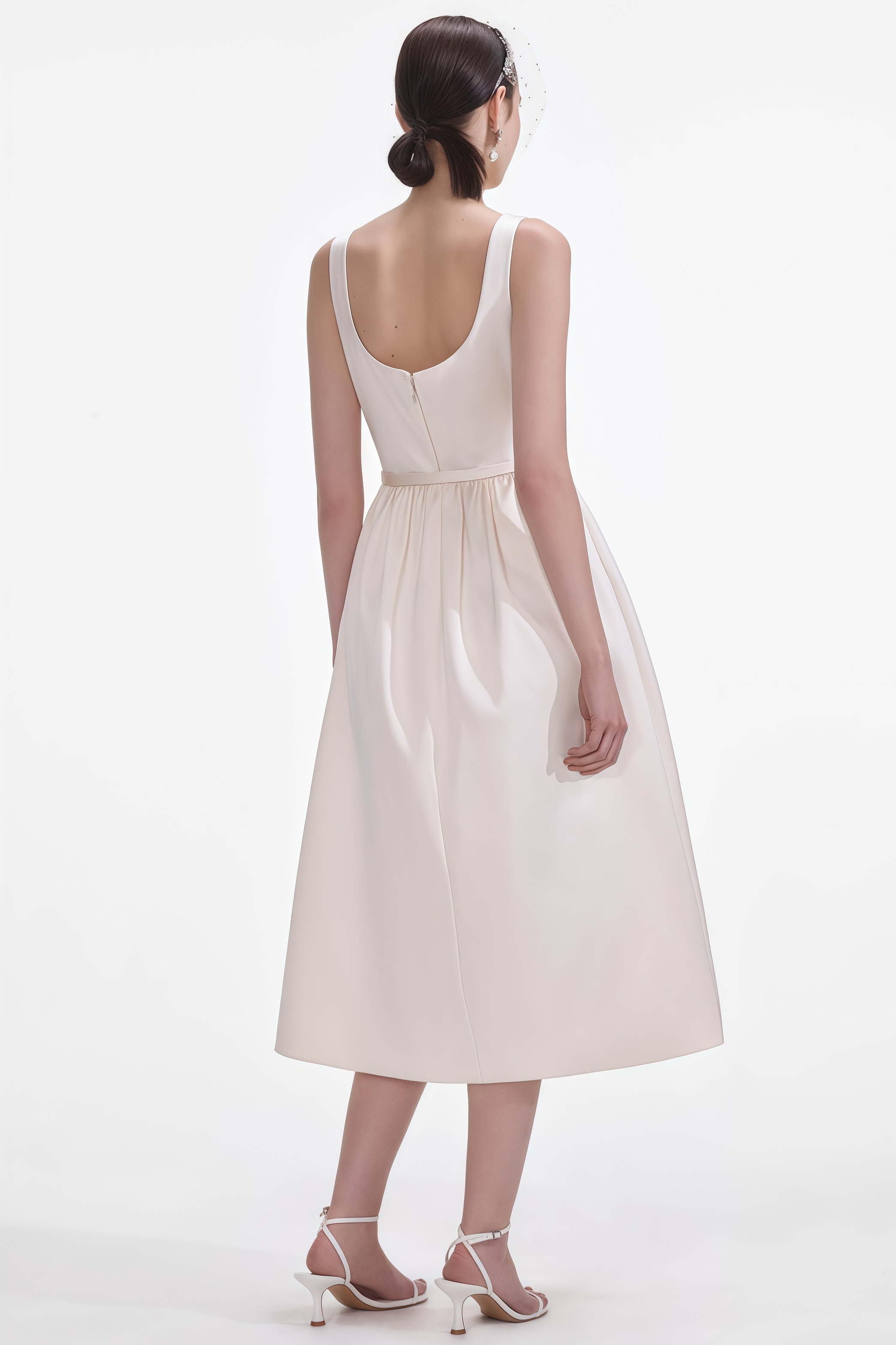 Kessf Cream Satin Flower Midi Dress