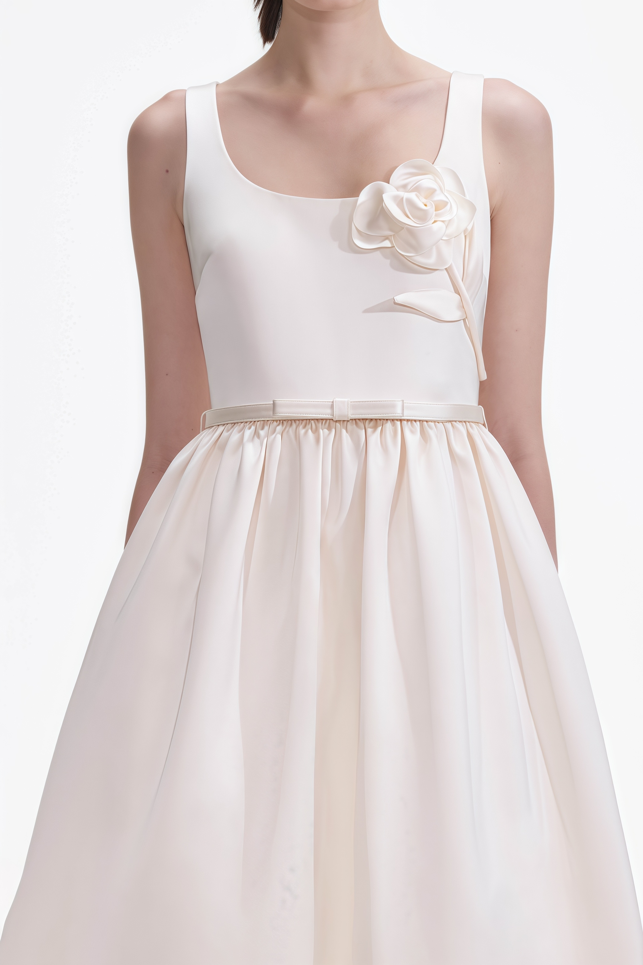 Kessf Cream Satin Flower Midi Dress