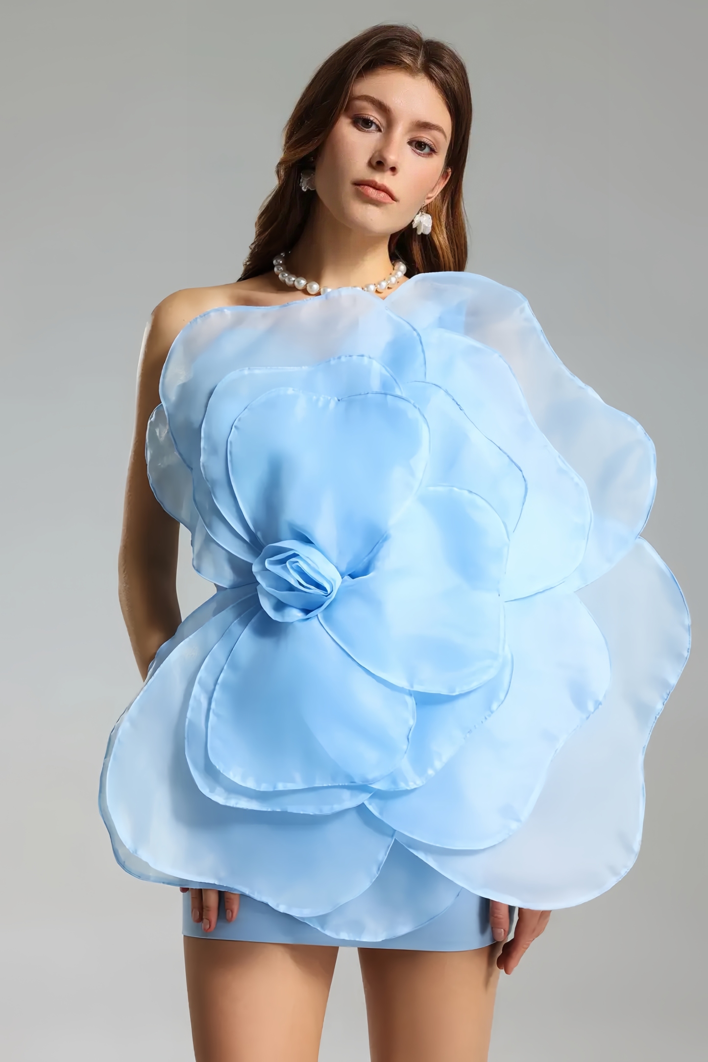 Marielle Mesh Flower One Shoulder Mini Dress-Blue