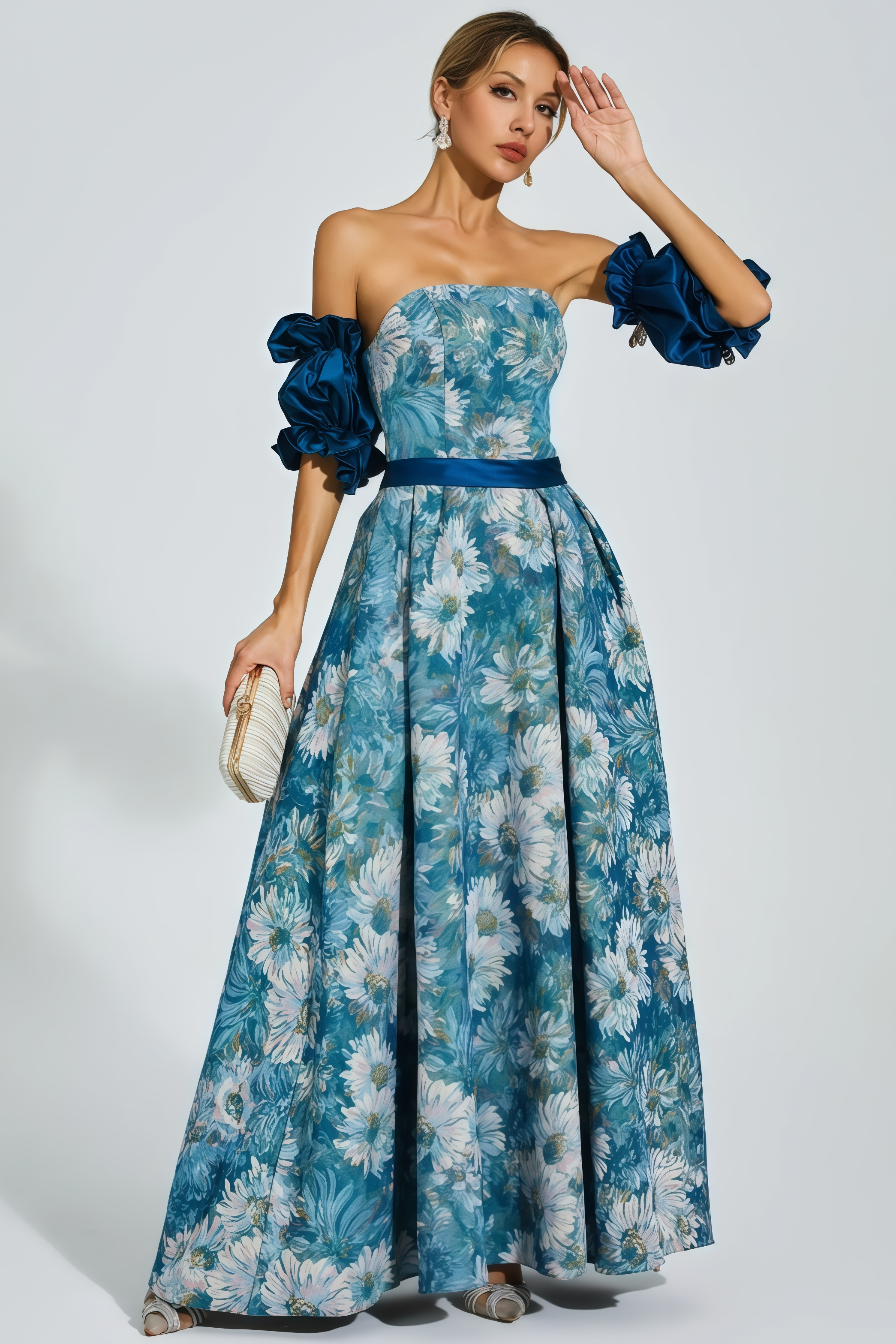 Briar Blue Puff Sleeves Off Shoulder Maxi Dress