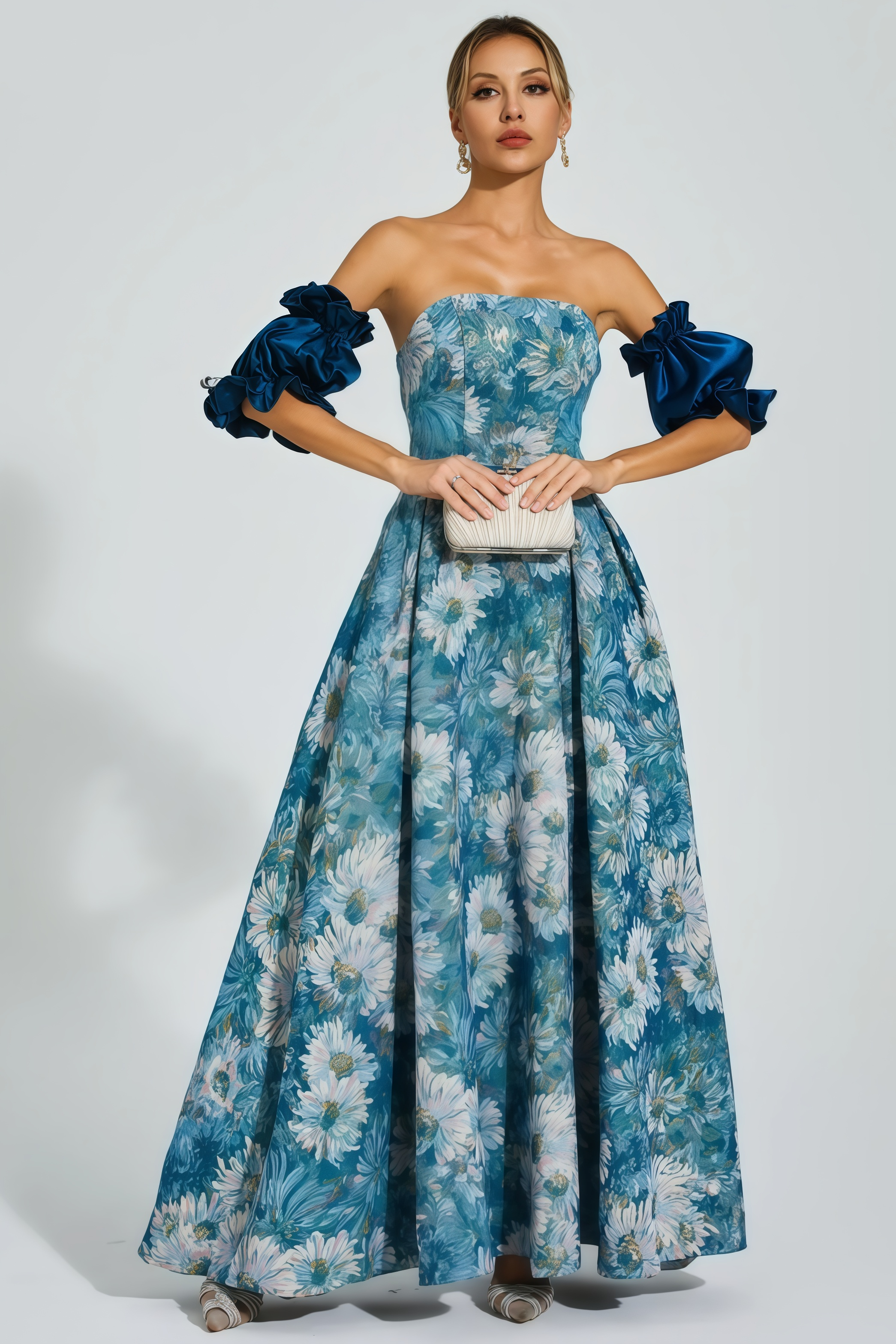 Briar Blue Puff Sleeves Off Shoulder Maxi Dress