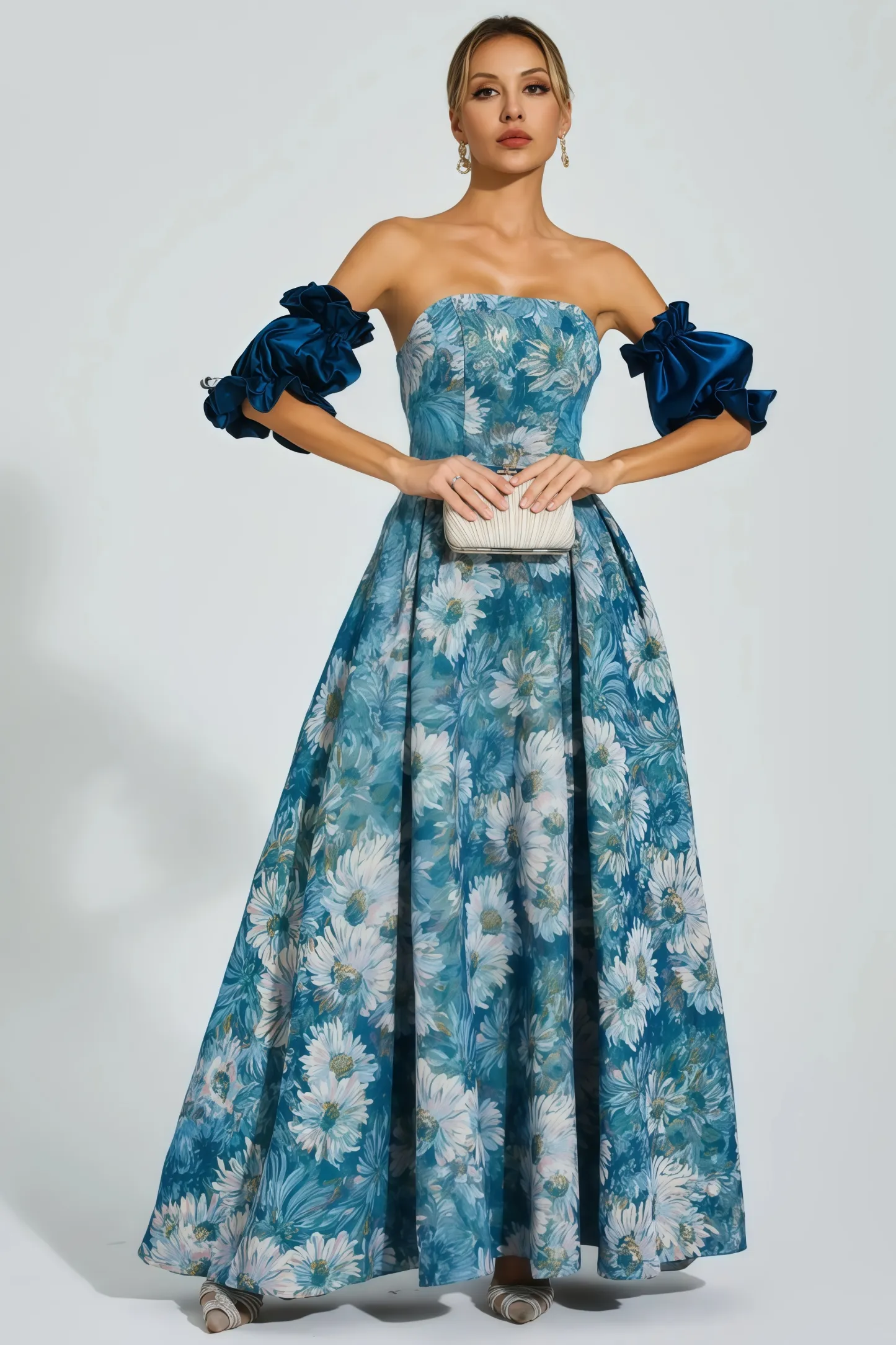 Briar Blue Puff Sleeves Off Shoulder Maxi Dress