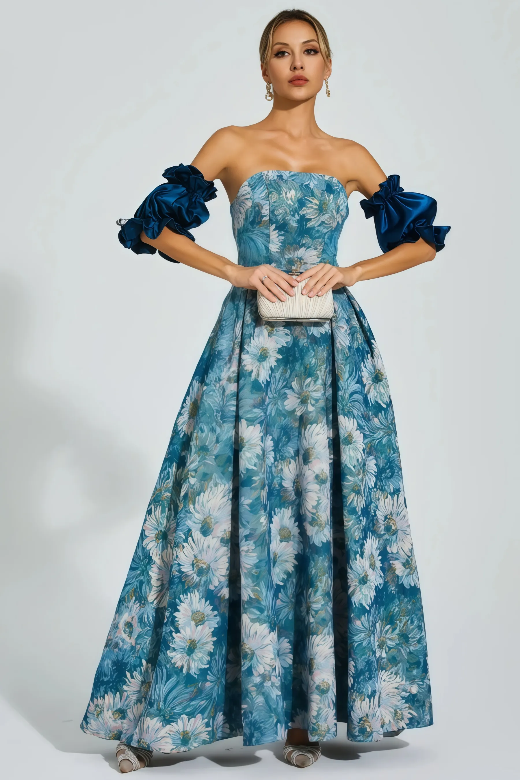 Briar Blue Puff Sleeves Off Shoulder Maxi Dress