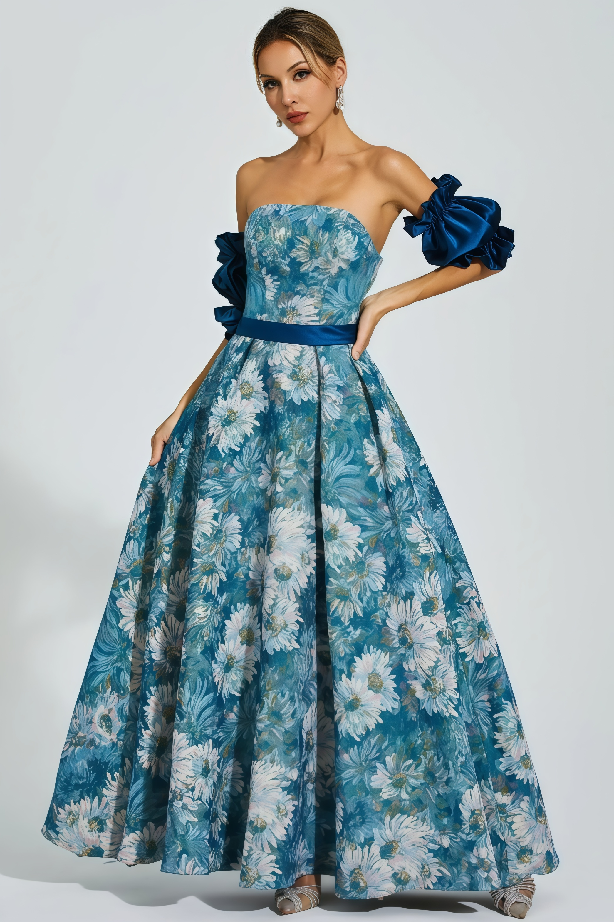 Briar Blue Puff Sleeves Off Shoulder Maxi Dress