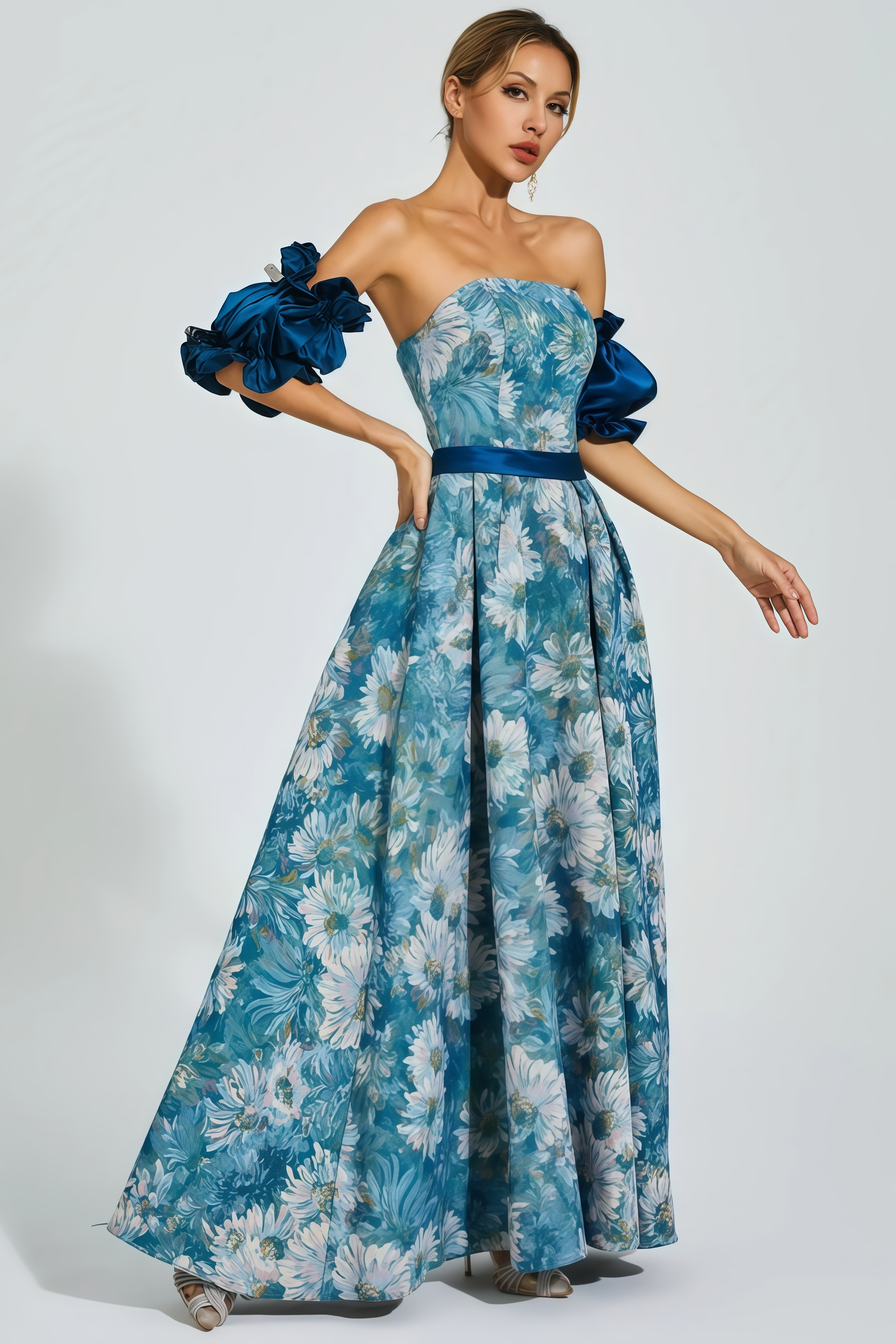 Briar Blue Puff Sleeves Off Shoulder Maxi Dress