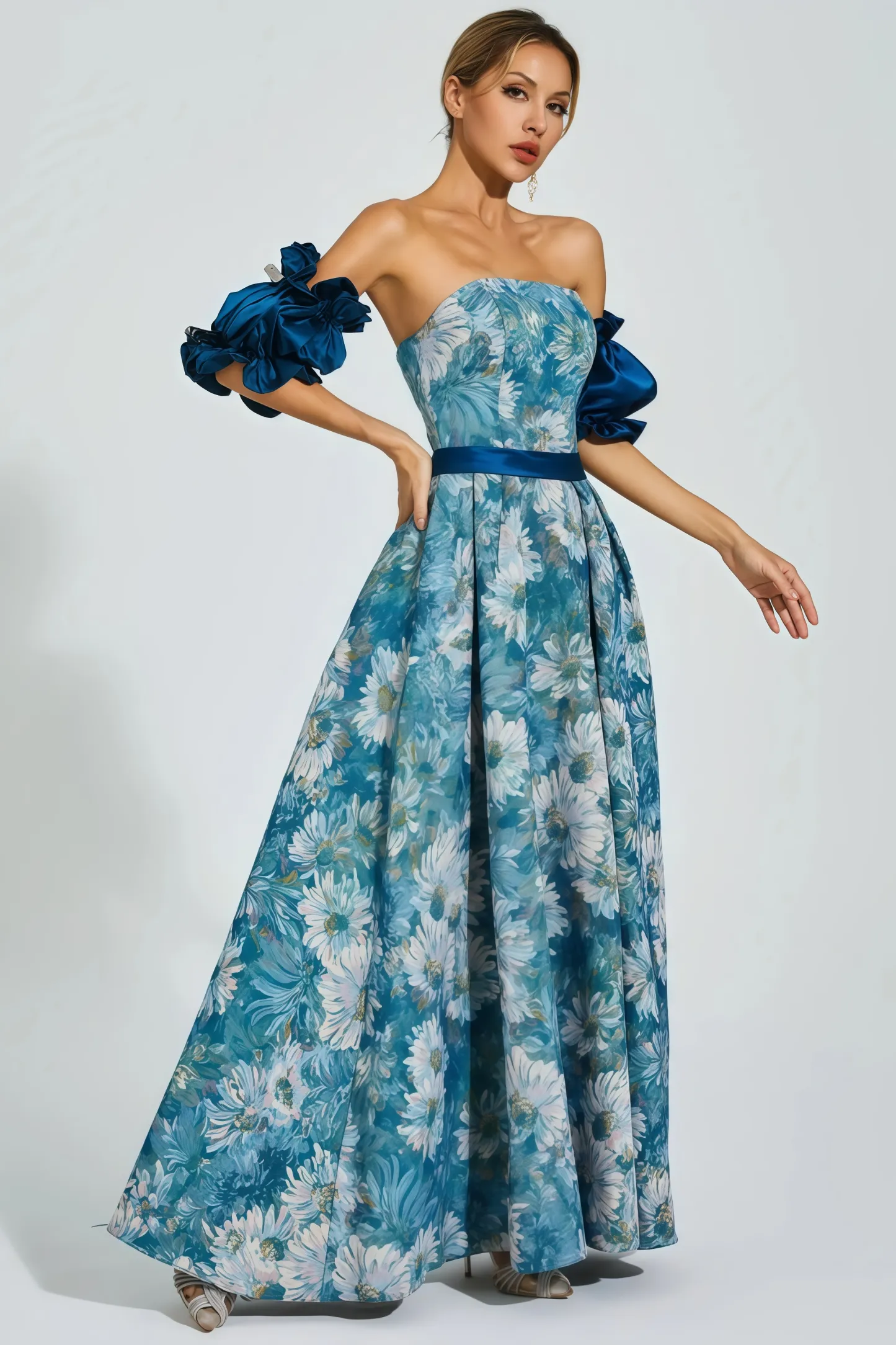 Briar Blue Puff Sleeves Off Shoulder Maxi Dress