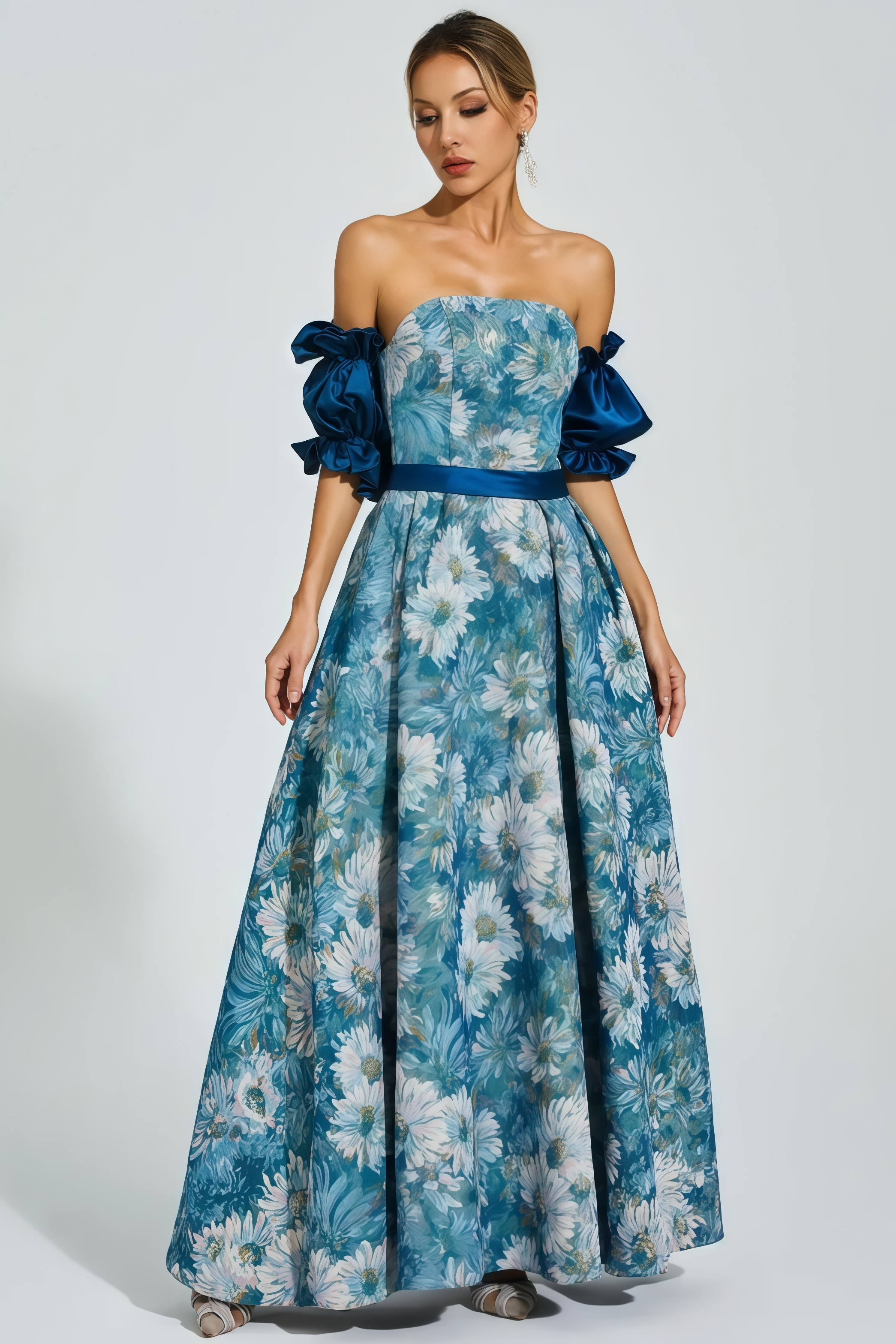 Briar Blue Puff Sleeves Off Shoulder Maxi Dress