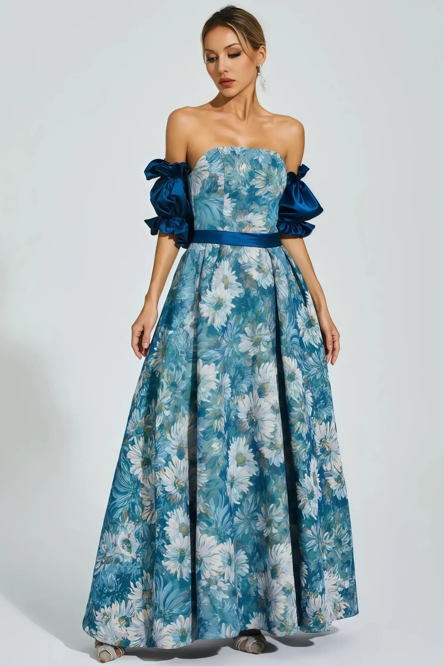 Briar Blue Puff Sleeves Off Shoulder Maxi Dress