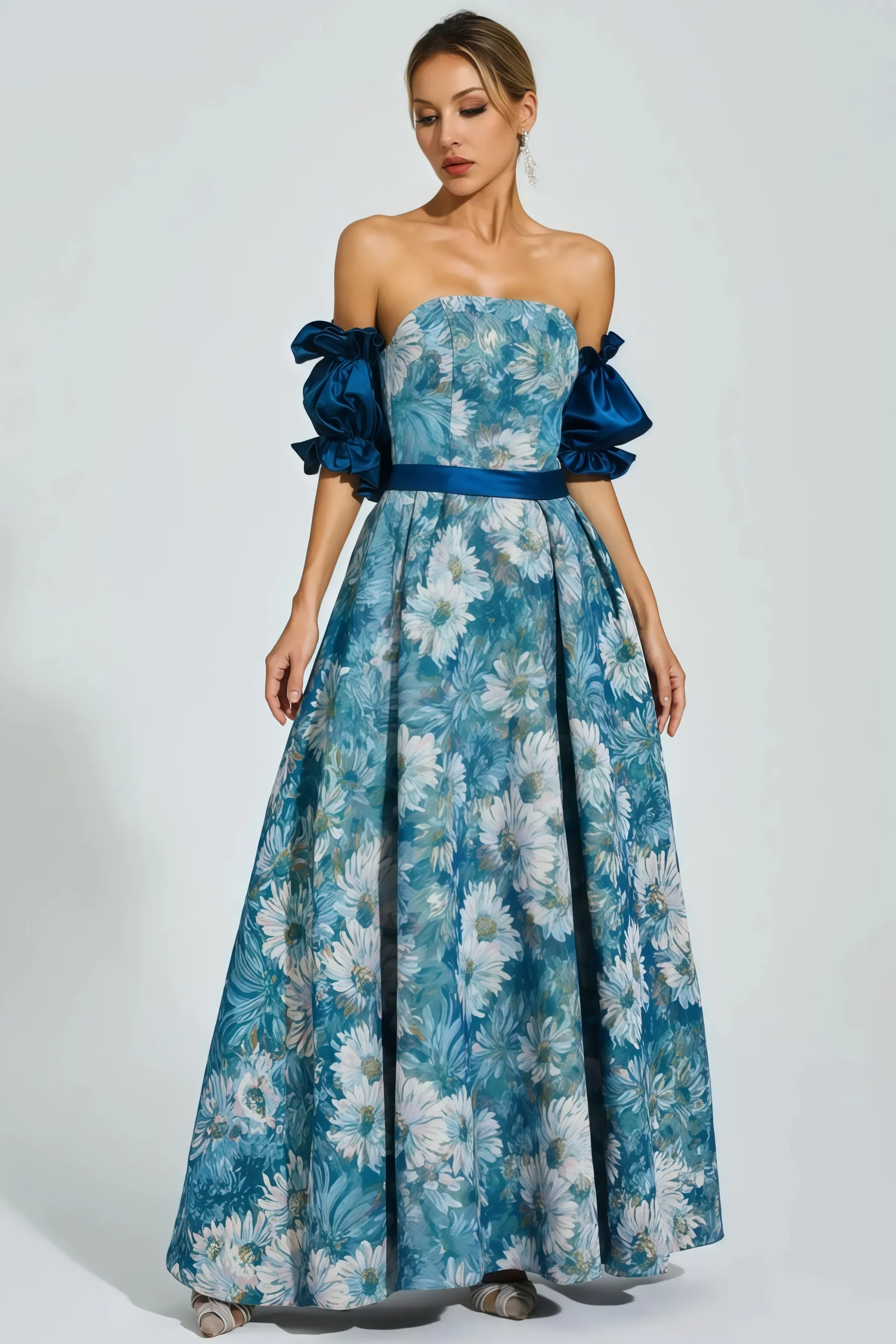 Briar Blue Puff Sleeves Off Shoulder Maxi Dress