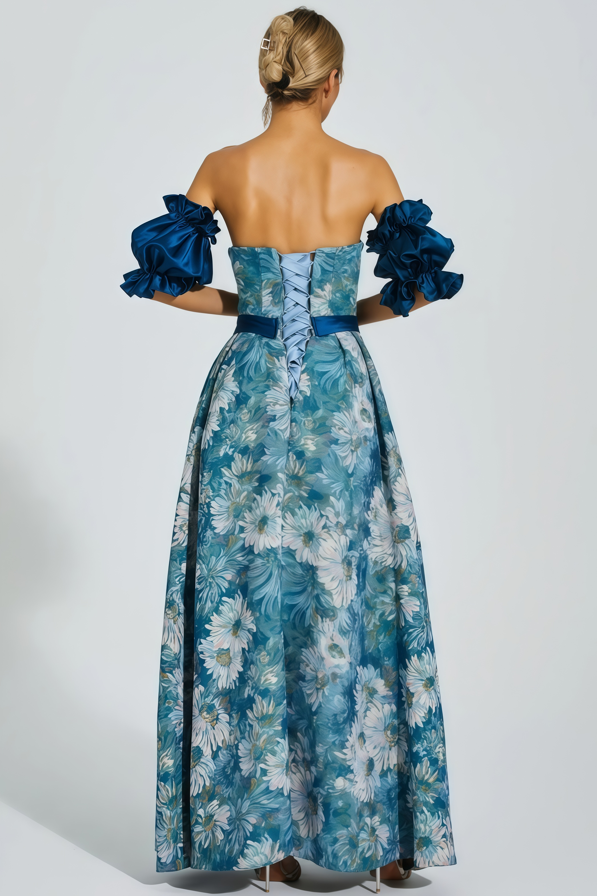 Briar Blue Puff Sleeves Off Shoulder Maxi Dress