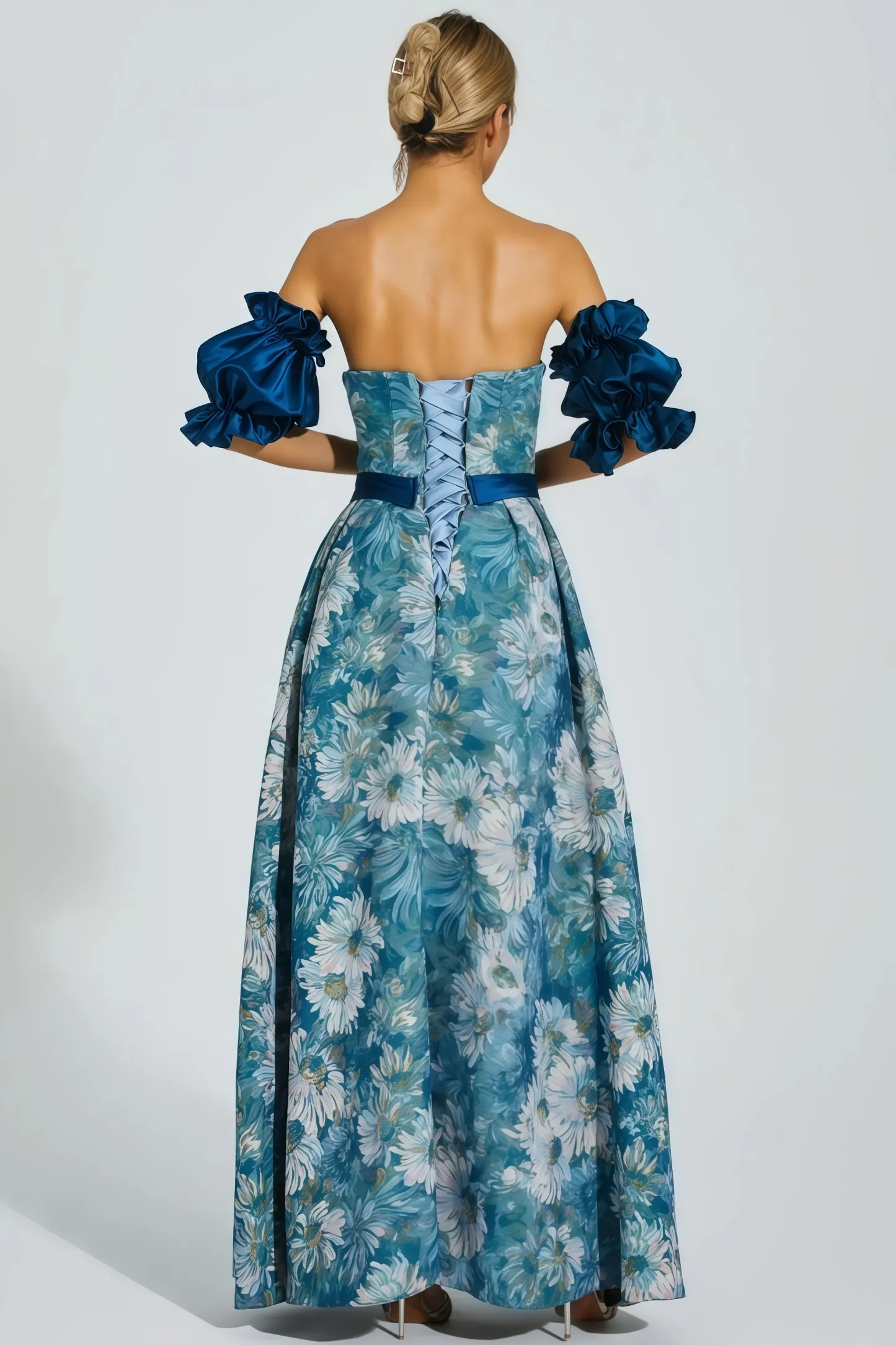 Briar Blue Puff Sleeves Off Shoulder Maxi Dress