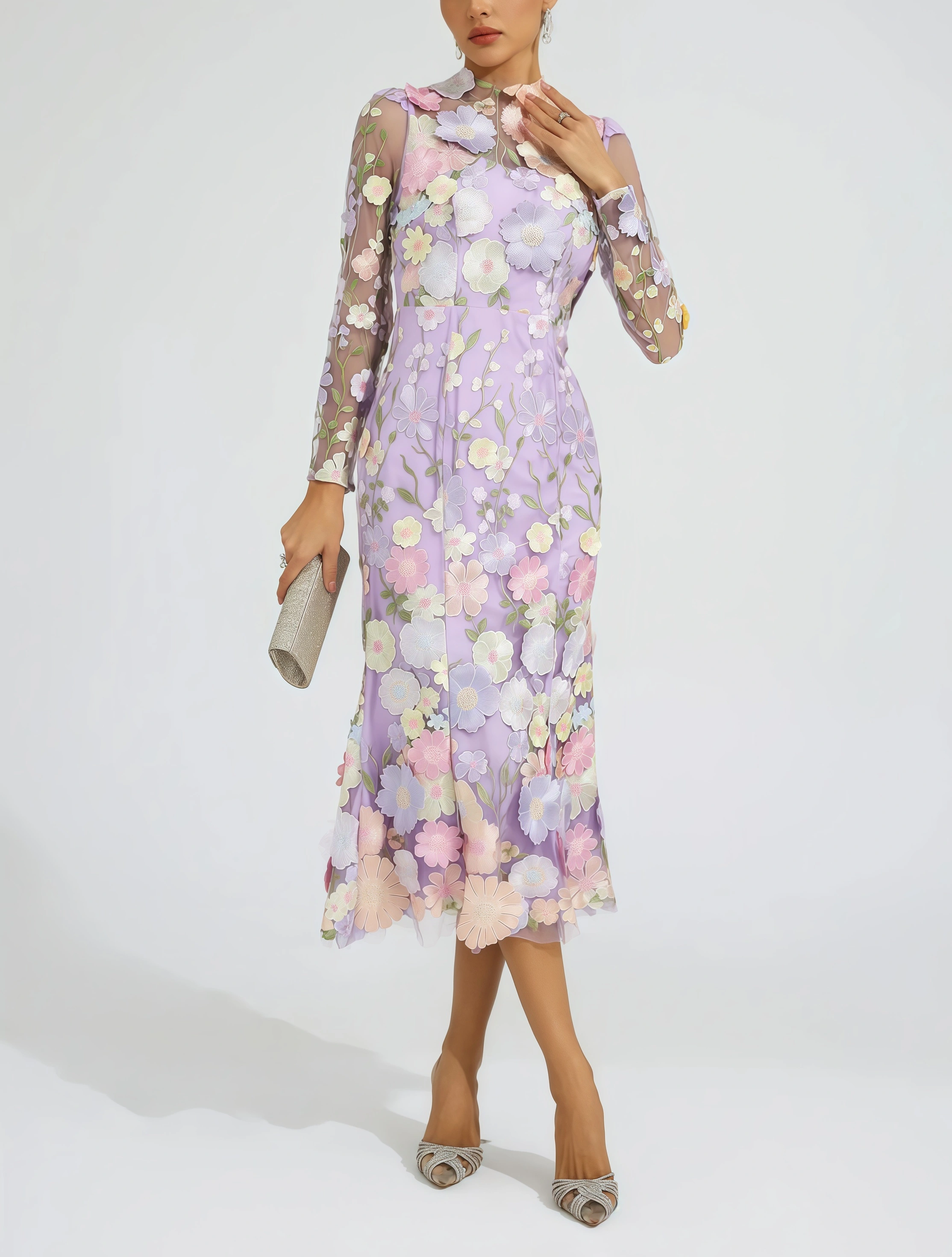 Elza Purple Flower Embroidered Midi Dress